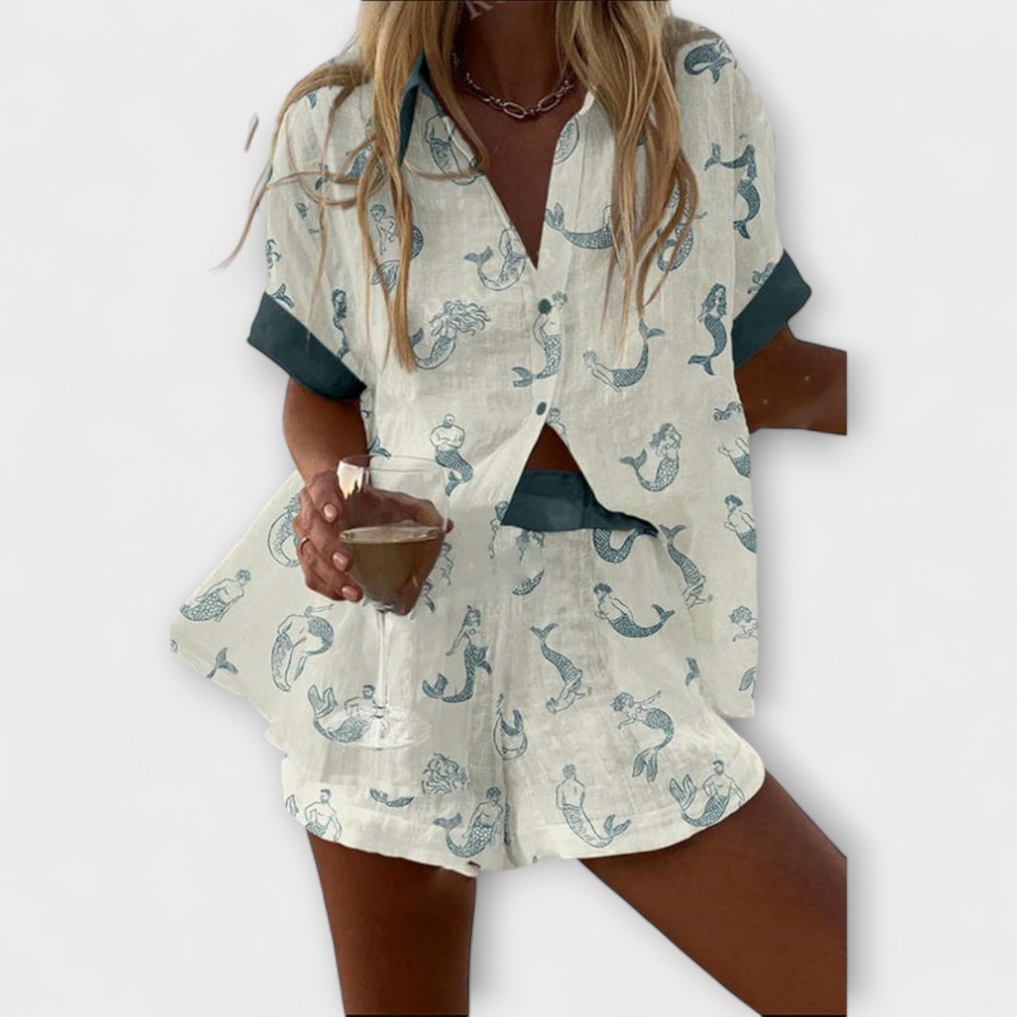 Women’s Two-Piece Set, Lightweight Breathable Fabric, Relaxed Fit, Mermaid Pattern