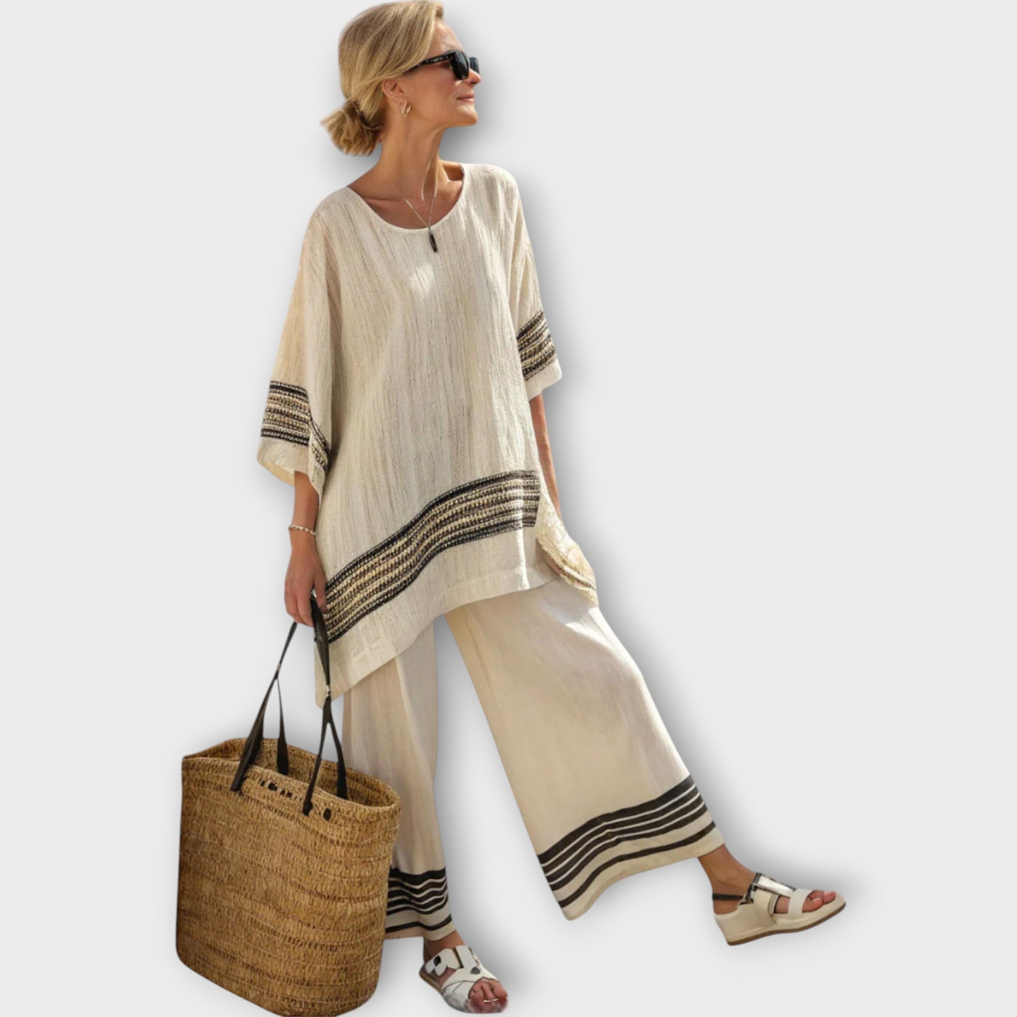 Women’s Two-Piece Set, Lightweight Flowing Top and Wide-Leg Striped Trousers, Relaxed Fit