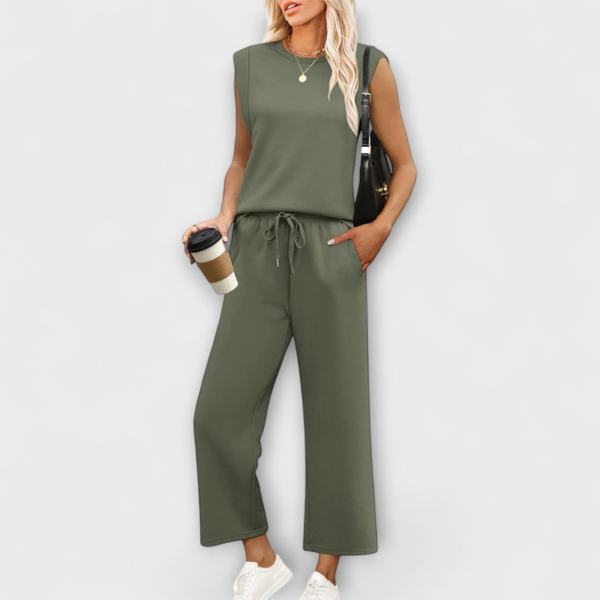 Women’s Two-Piece Set, Long Sleeve Top with Round Neckline, Wide-Leg Cropped Trousers, Casual Fit, Breathable Fabric