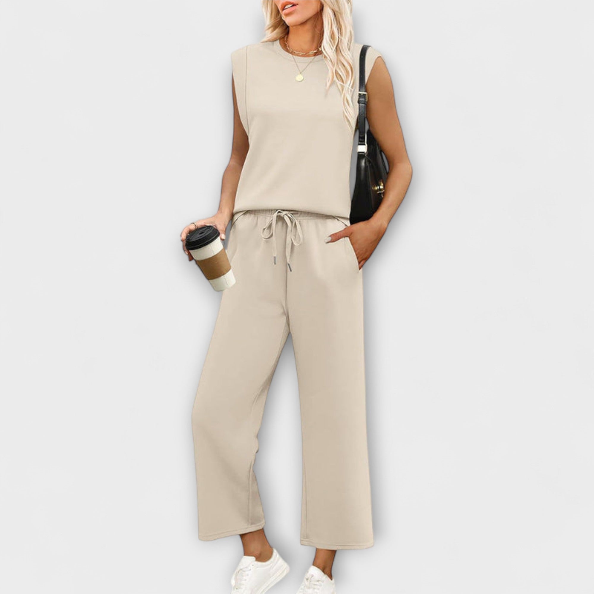 Women’s Two-Piece Set, Long Sleeve Top with Round Neckline, Wide-Leg Cropped Trousers, Casual Fit, Breathable Fabric
