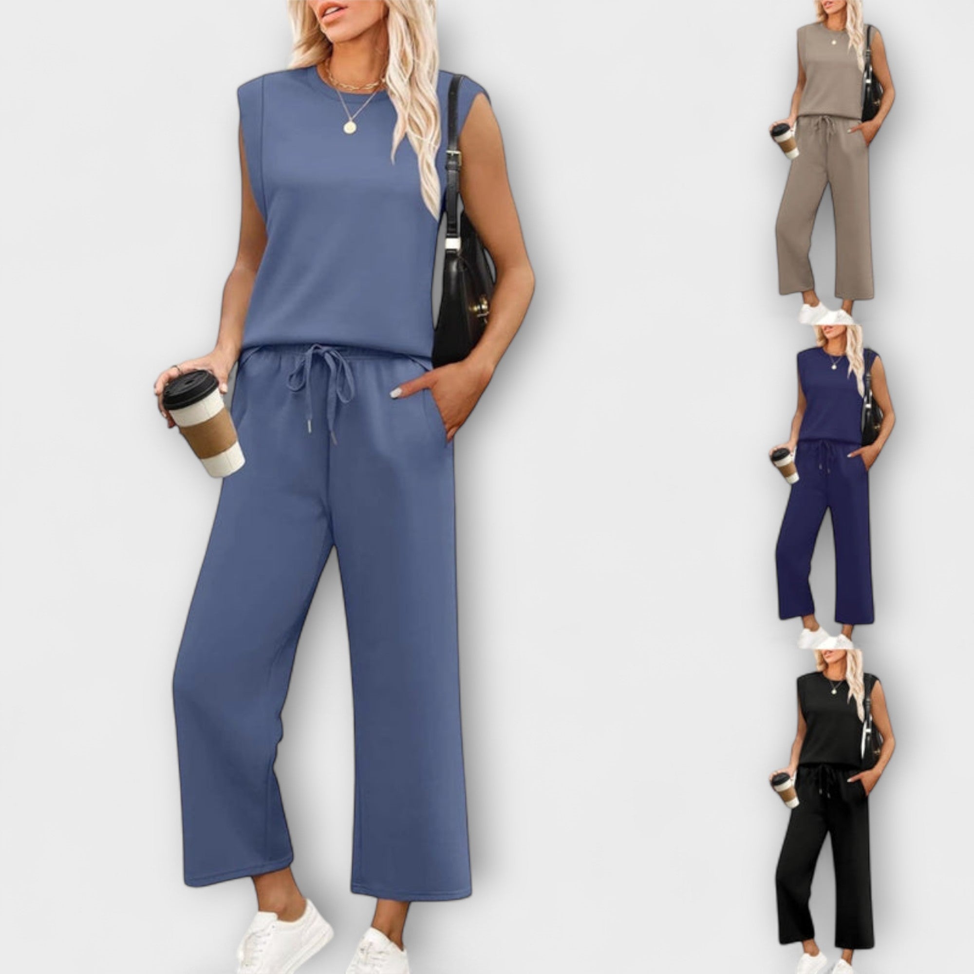 Women’s Two-Piece Set, Long Sleeve Top with Round Neckline, Wide-Leg Cropped Trousers, Casual Fit, Breathable Fabric