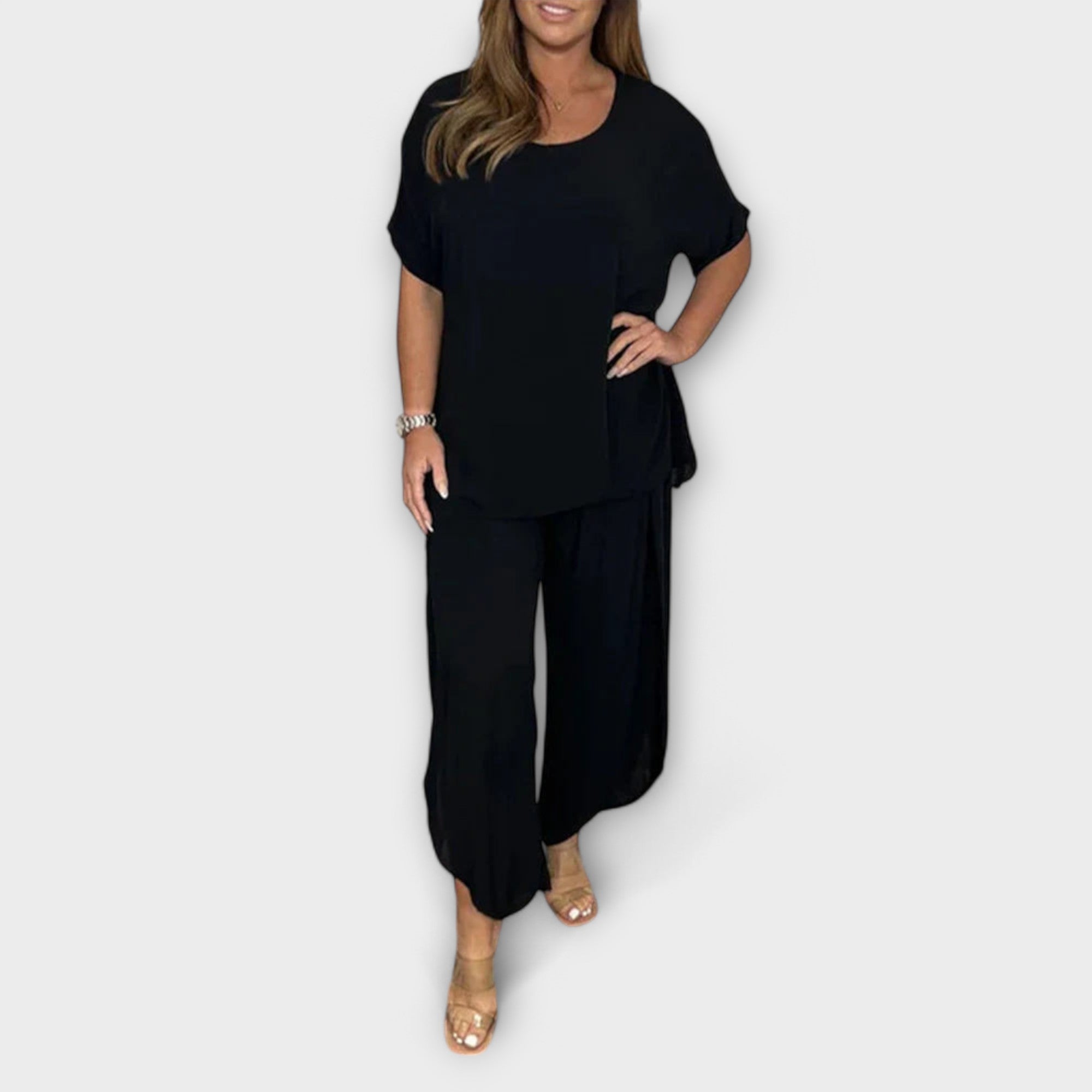 Women’s Two-Piece Set, Monochrome Cotton Blend, Short Sleeve Blouse with Round Neck, Loose Fit Long Trousers