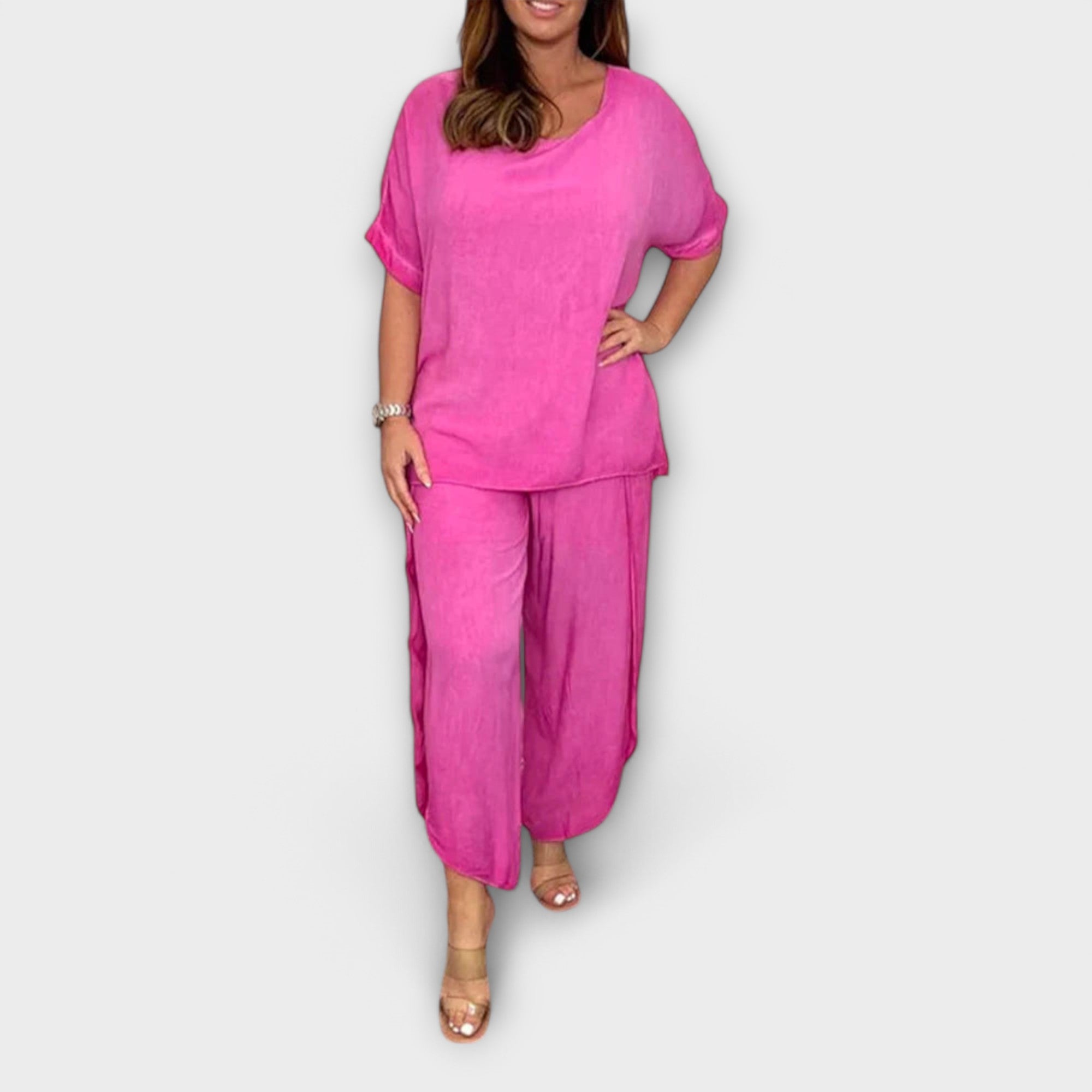 Women’s Two-Piece Set, Monochrome Cotton Blend, Short Sleeve Blouse with Round Neck, Loose Fit Long Trousers