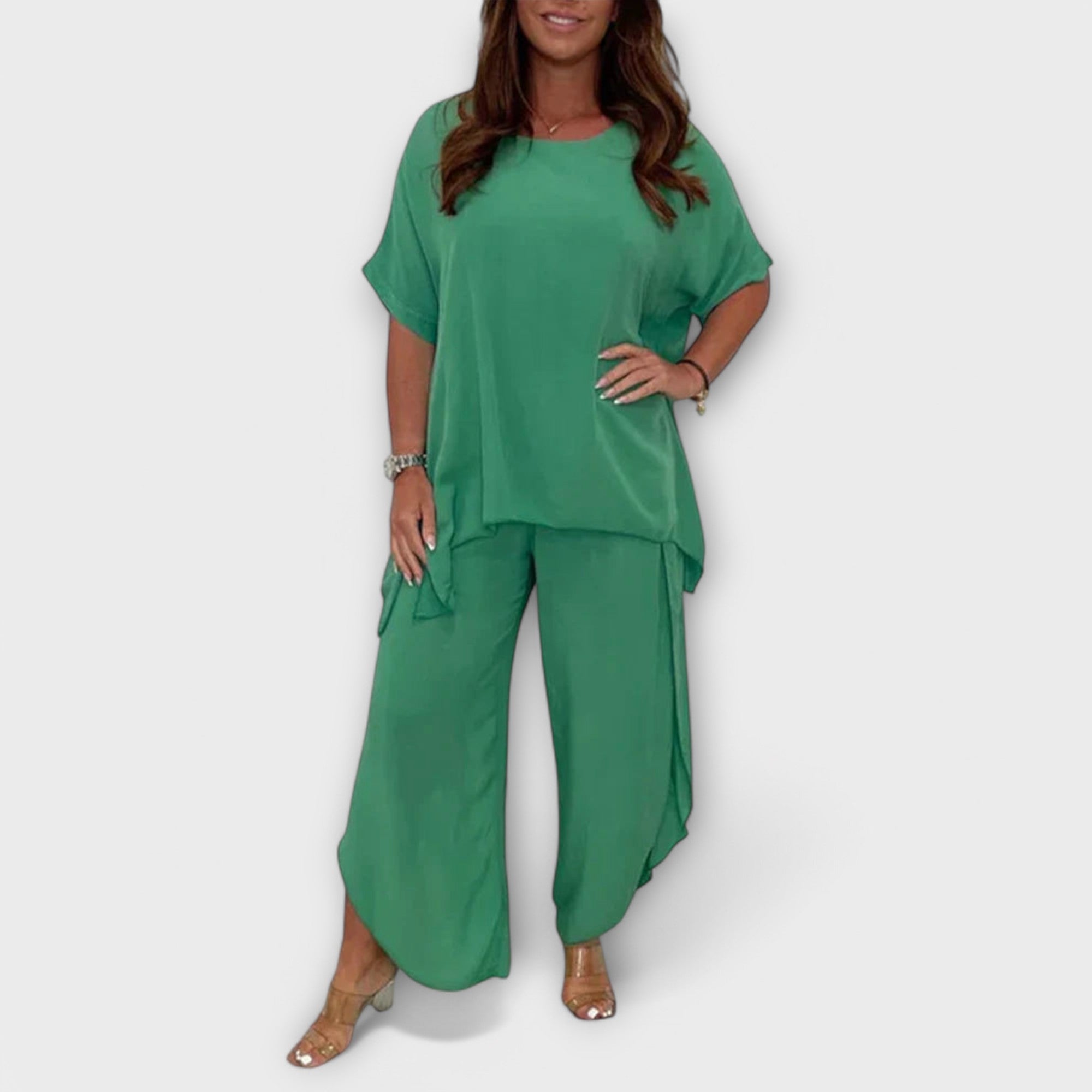 Women’s Two-Piece Set, Monochrome Cotton Blend, Short Sleeve Blouse with Round Neck, Loose Fit Long Trousers