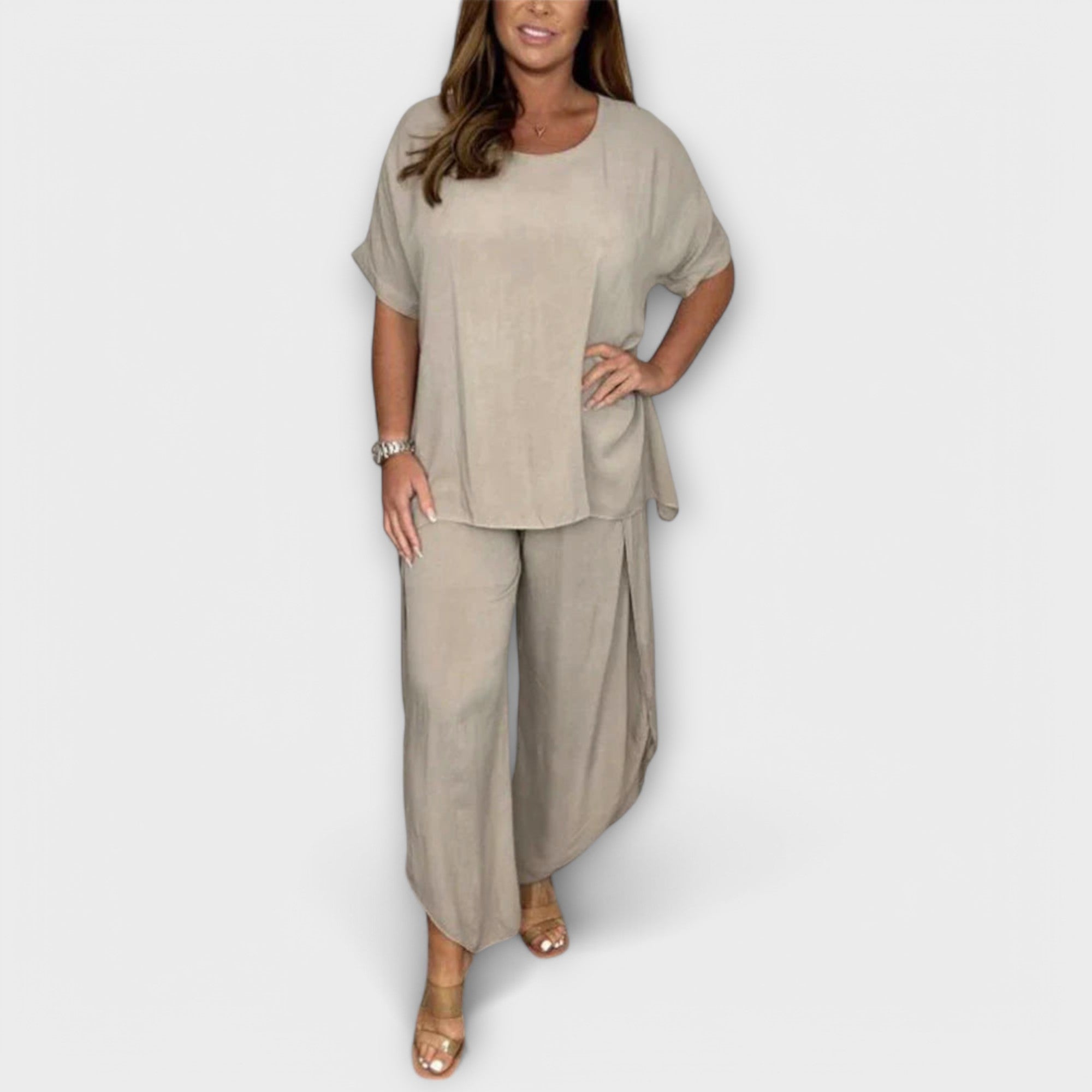 Women’s Two-Piece Set, Monochrome Cotton Blend, Short Sleeve Blouse with Round Neck, Loose Fit Long Trousers