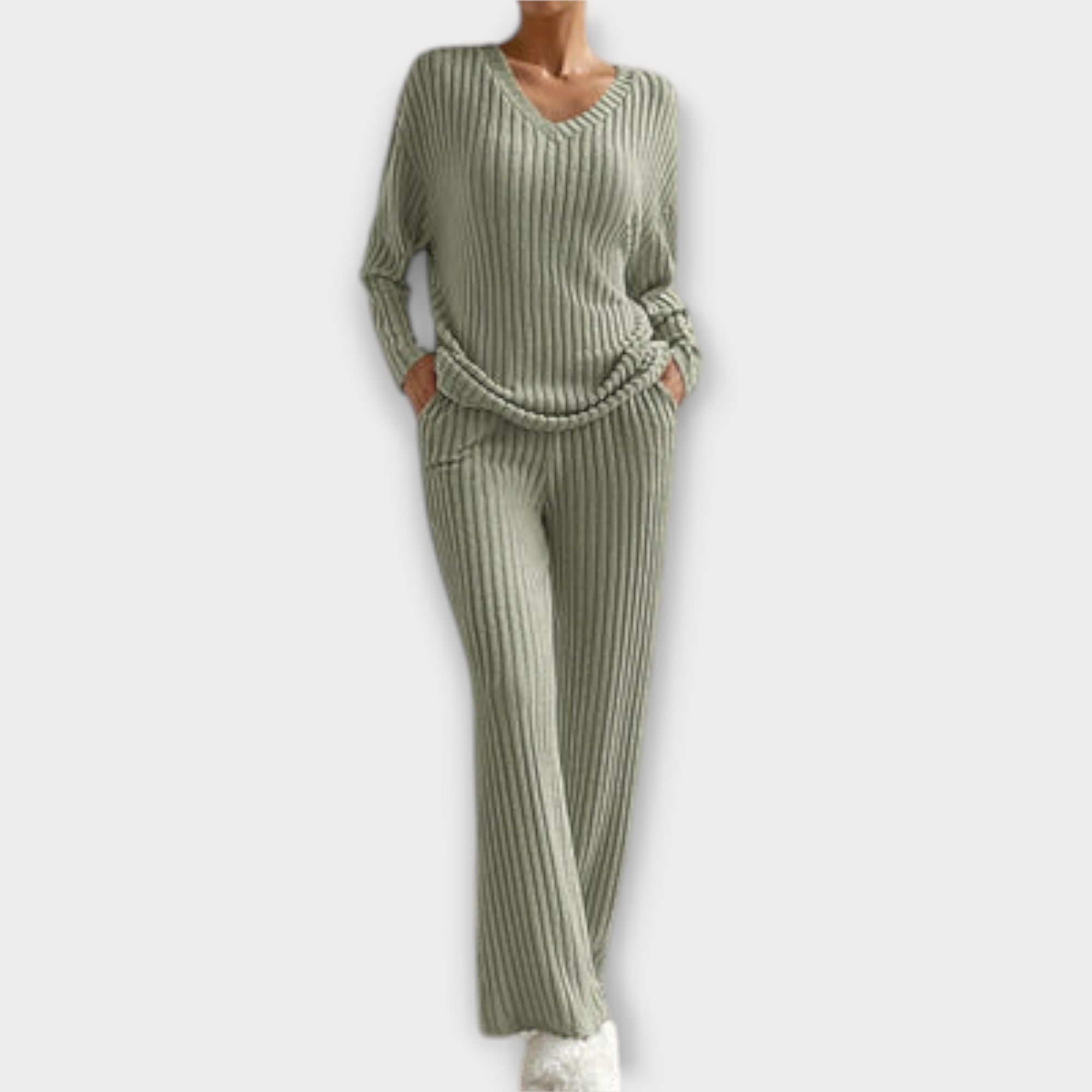 Women’s Two-Piece Set, Ribbed Polyester-Nylon Blend, Long Sleeve V-Neck Top, Relaxed Fit Trousers