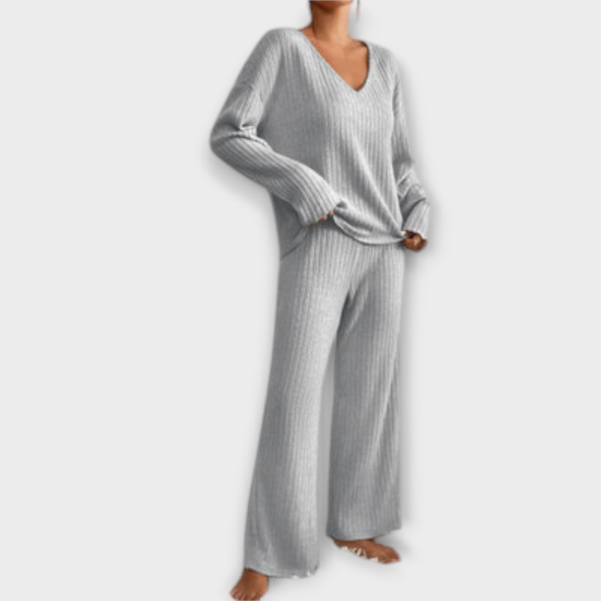 Women’s Two-Piece Set, Ribbed Polyester-Nylon Blend, Long Sleeve V-Neck Top, Relaxed Fit Trousers
