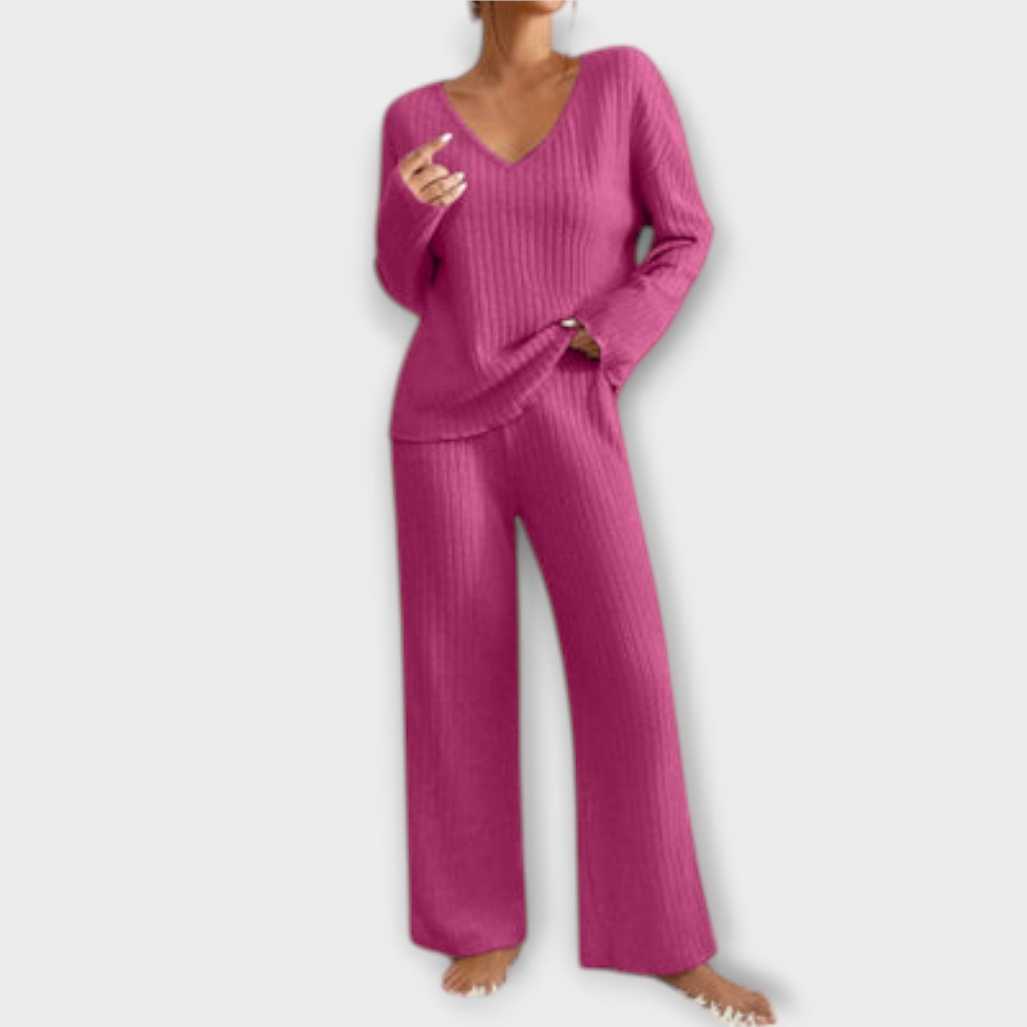 Women’s Two-Piece Set, Ribbed Polyester-Nylon Blend, Long Sleeve V-Neck Top, Relaxed Fit Trousers