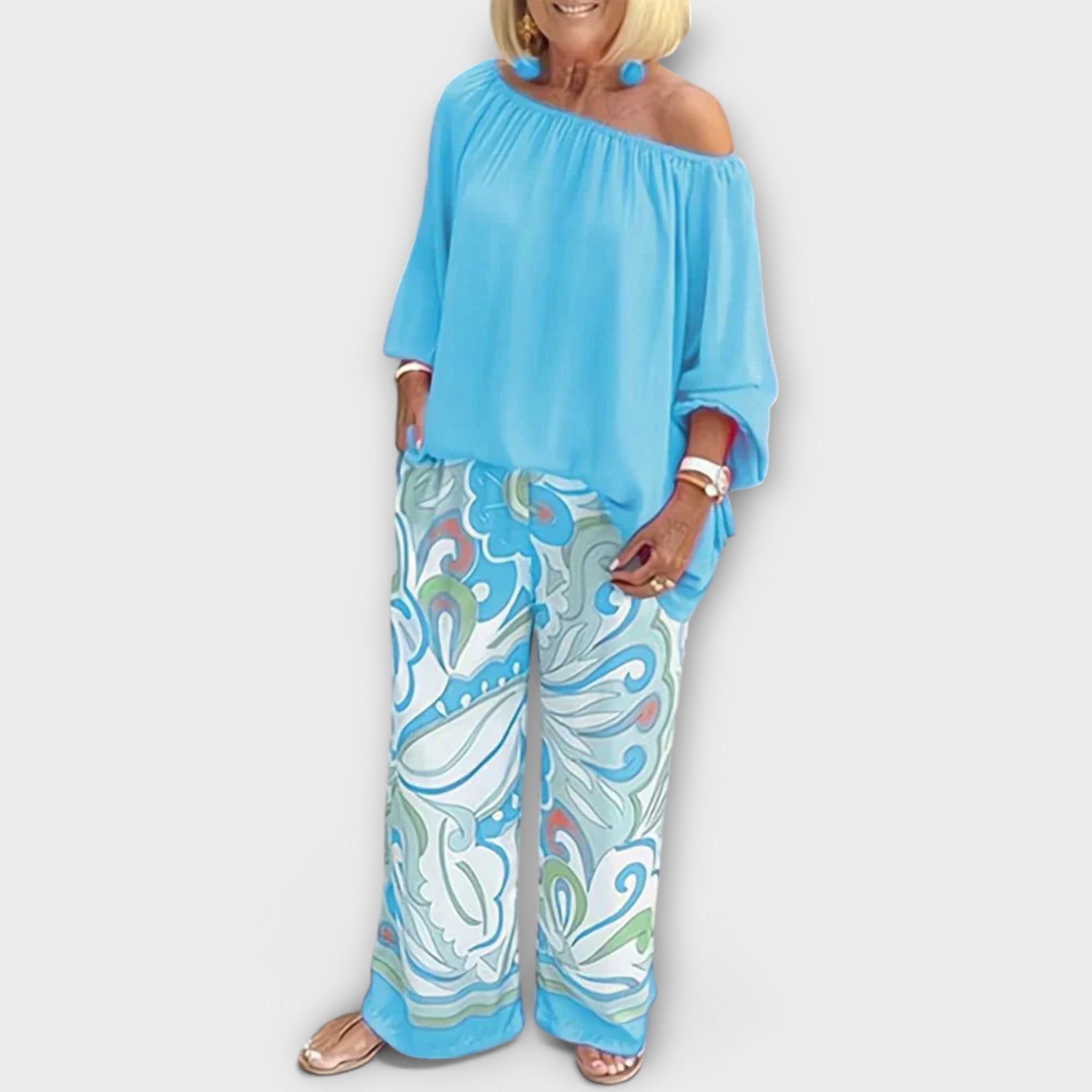 Women’s Two-Piece Set, Strapless Top with Loose Abstract Print Trousers, Lightweight Breathable Fabric