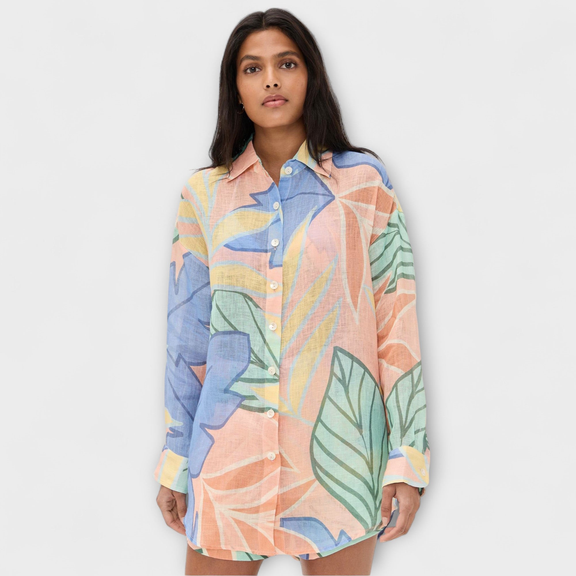 Women’s Two-Piece Set, Tropical Print, Short Sleeve Button-Up Shirt with Collar, High-Waisted Shorts, Relaxed Fit, Lightweight Fabric