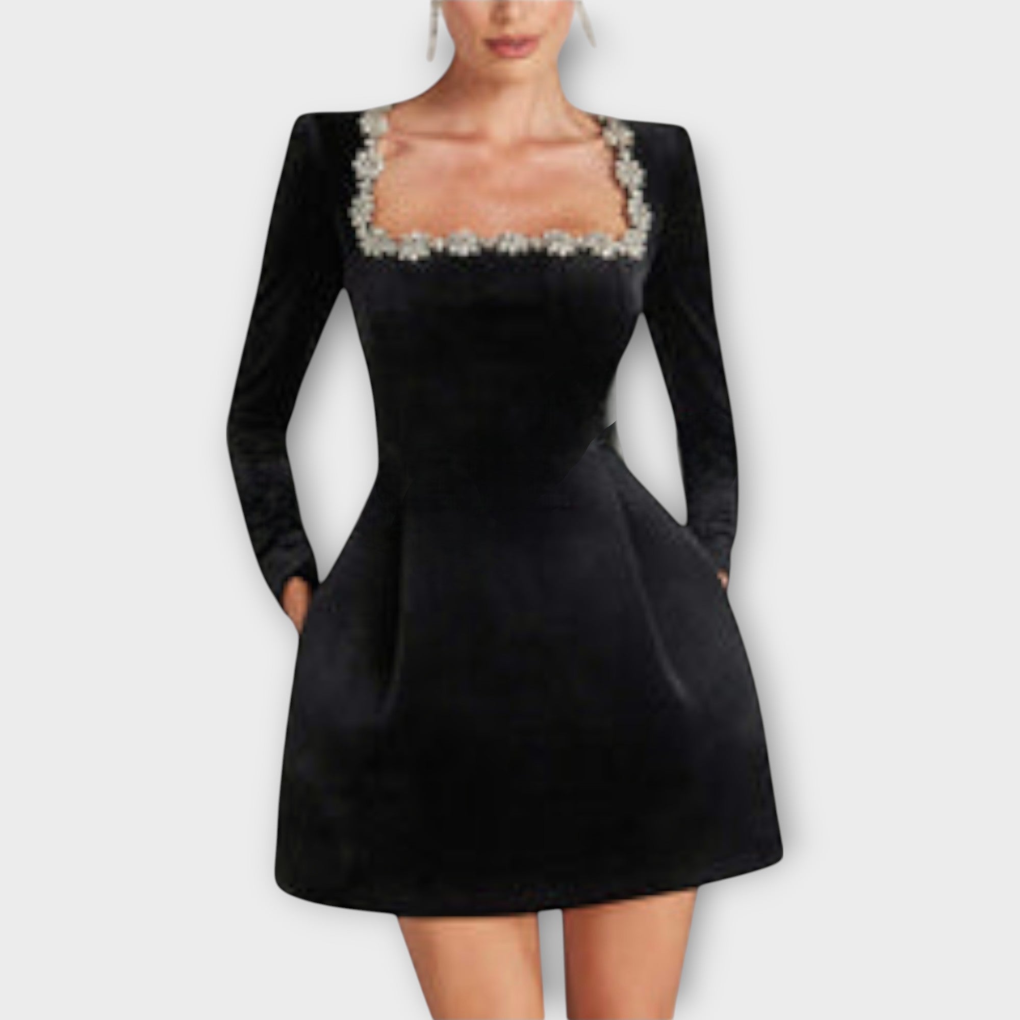Women’s Velvet Mini Dress, Black, Long Sleeve, Jewel-Accented Square Neckline, Loose Fit