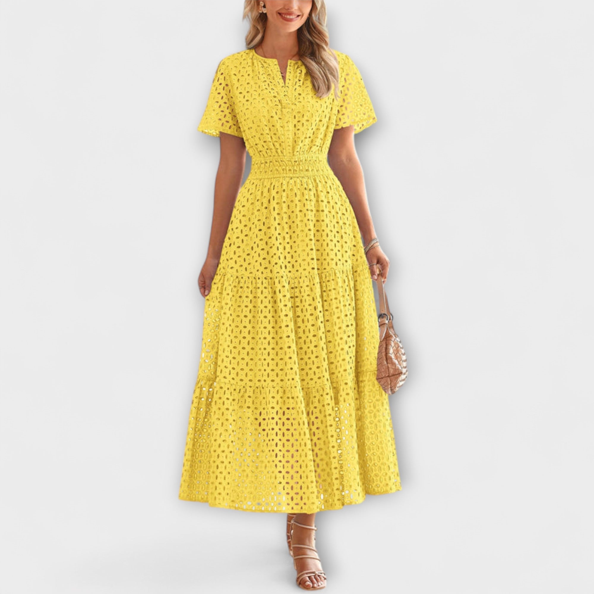 Women’s White Lace Knee-Length Dress, Sleeveless, Round Neckline, A-Line Fit