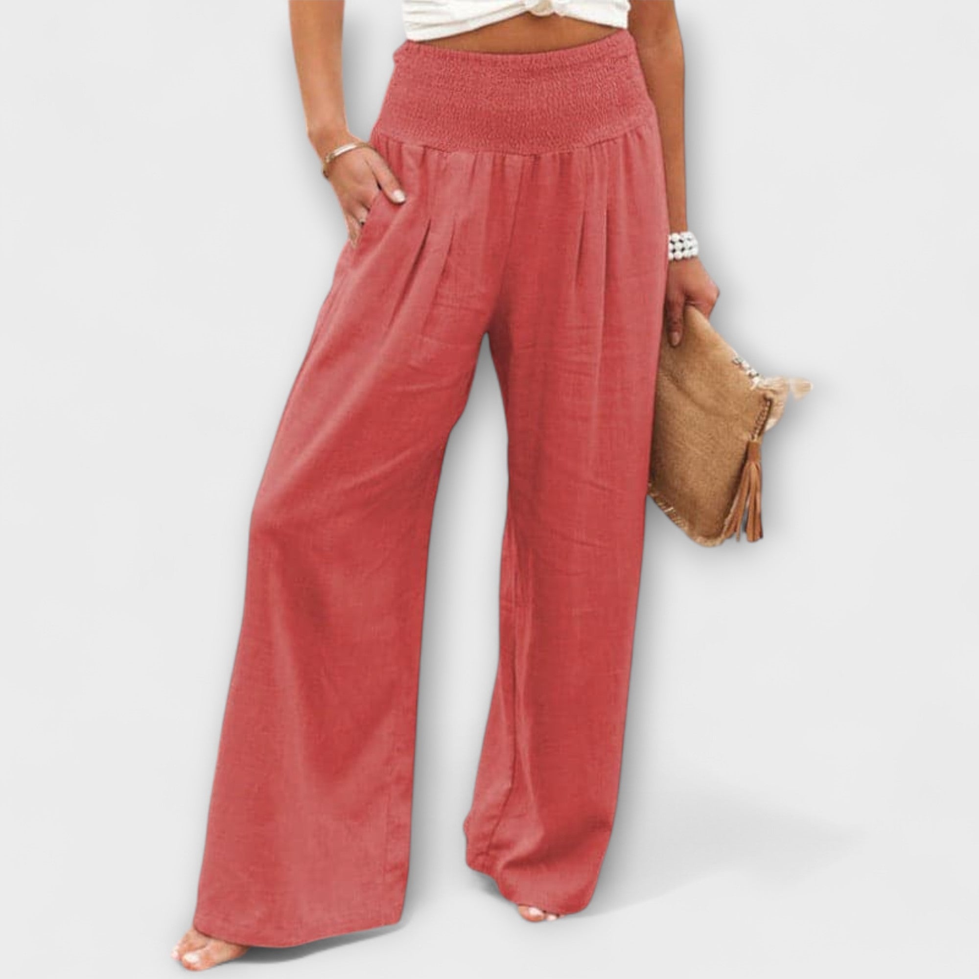 Women’s Wide Fit Trousers, Mid-Rise Waist, Cotton Linen Blend, Multiple Colors