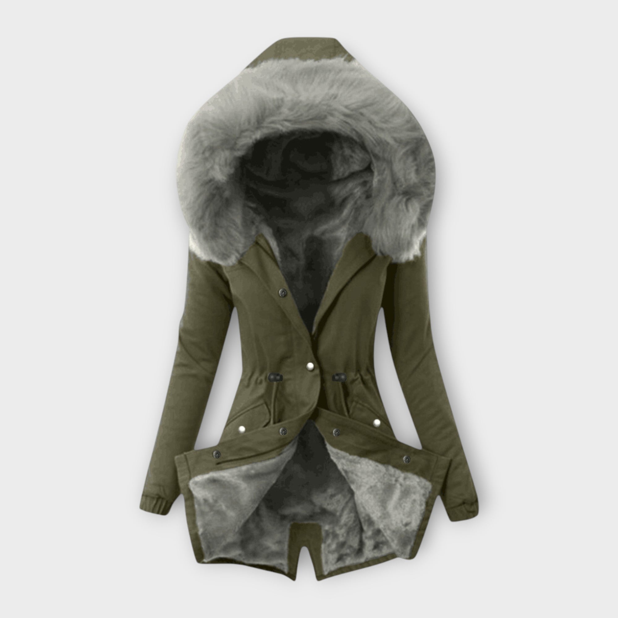 Women’s Winter Jacket, Synthetic, Hooded with Fur Trim, Long Sleeve, Adjustable Waist, Insulated