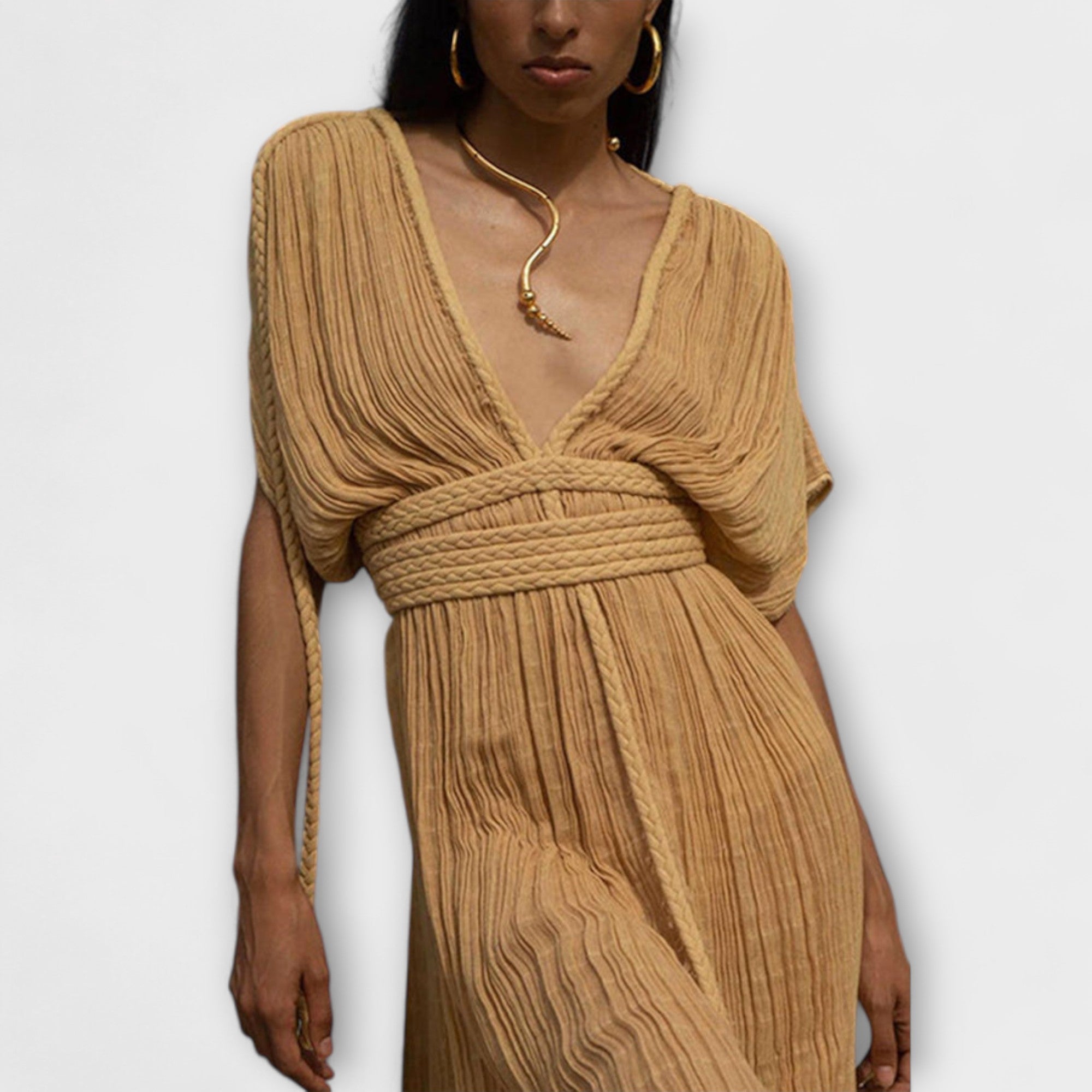 Women’s Wrap Dress, Sleeveless, V-Neck, High Waist Fit, Shoulder Ties, Bow Detail, Greek-Inspired Design