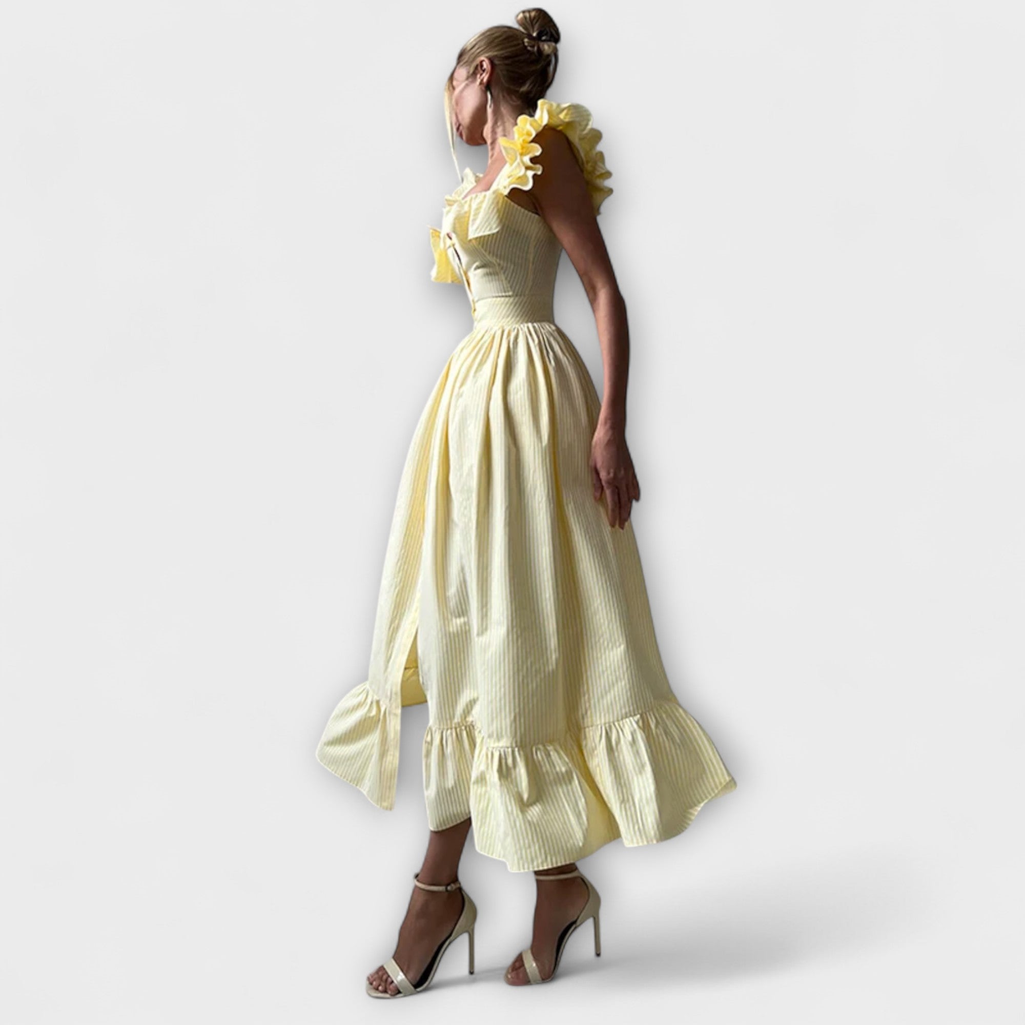 Women’s Yellow and White Striped Midi Dress, Short Sleeve, Button Front, Fitted Bodice with Flared Skirt, Ruffle Accents