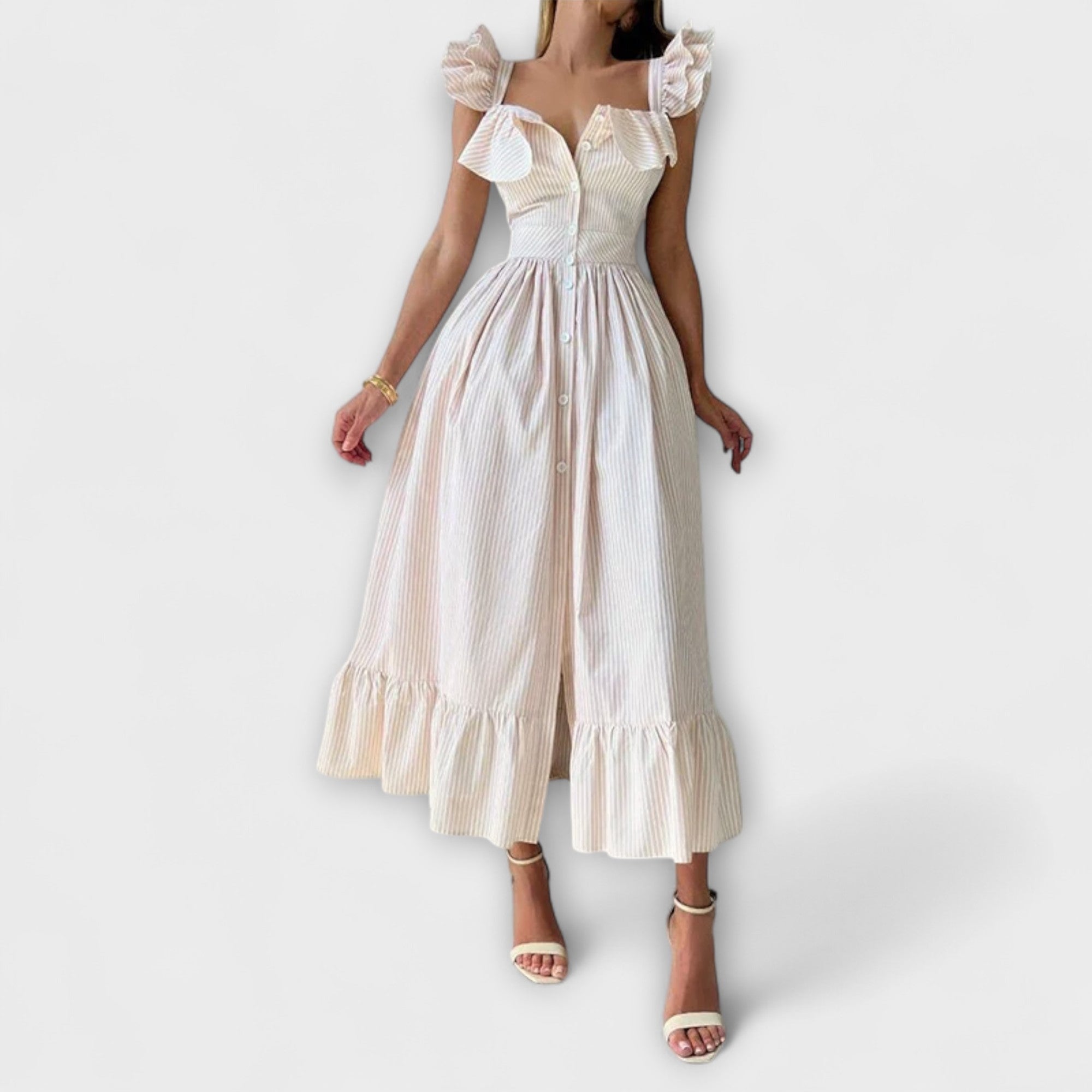 Women’s Yellow and White Striped Midi Dress, Short Sleeve, Button Front, Fitted Bodice with Flared Skirt, Ruffle Accents