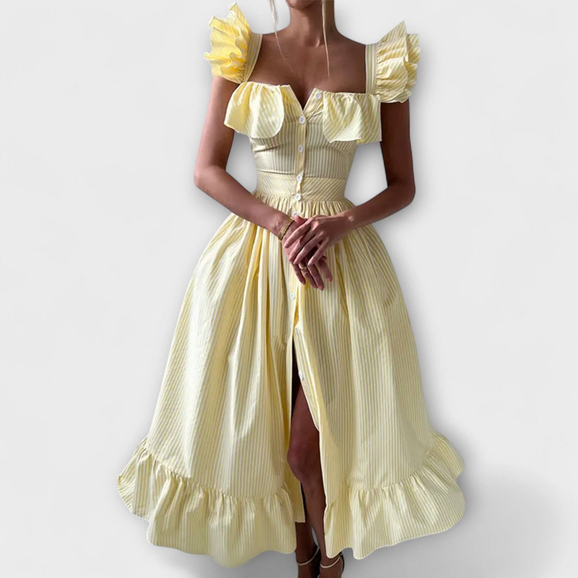 Women’s Yellow and White Striped Midi Dress, Short Sleeve, Button Front, Fitted Bodice with Flared Skirt, Ruffle Accents