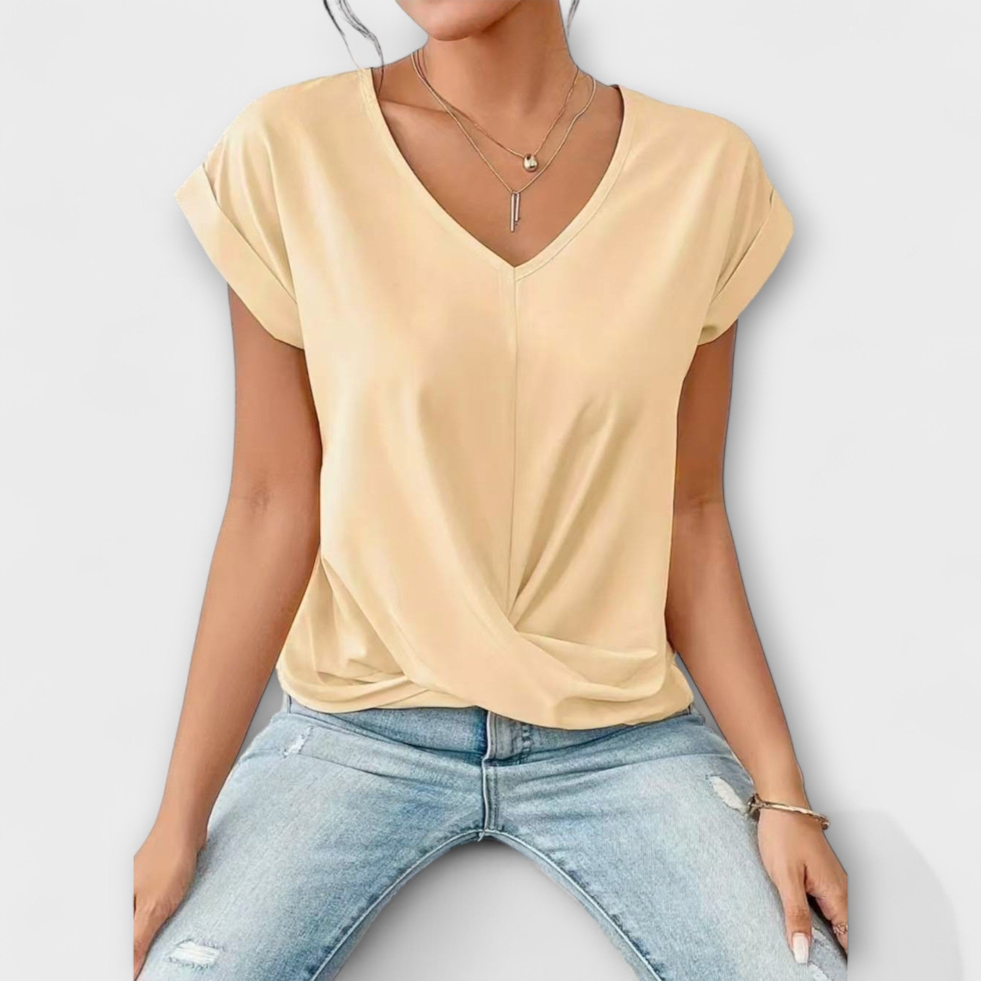 Women’s Lightweight V-Neck Top, Fluid Fit, Subtle Button Detail, Comfortable and Versatile