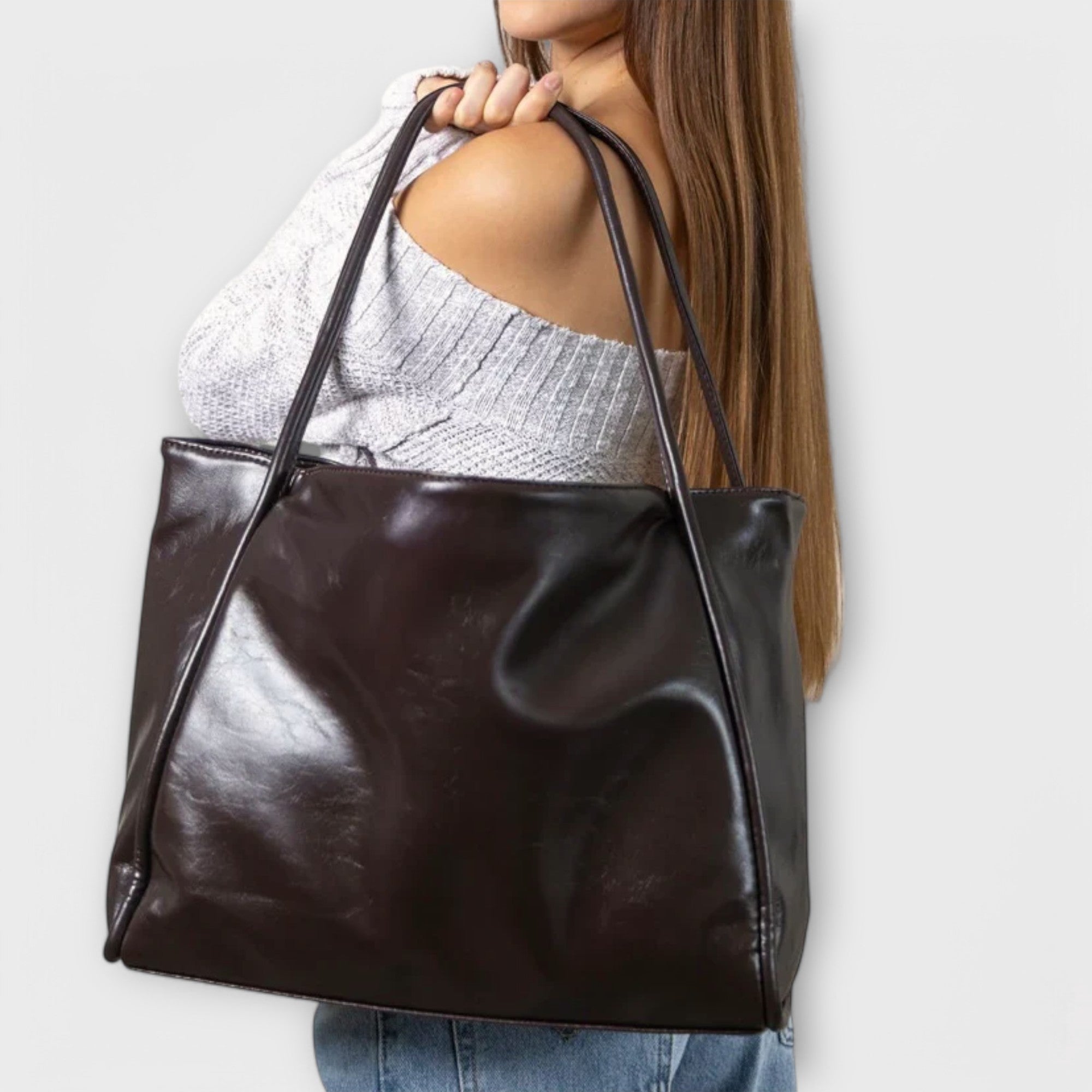 Women’s Vegan Leather Tote Bag, Neutral Color, Spacious Fit, Durable, Open Top, 42cm Length