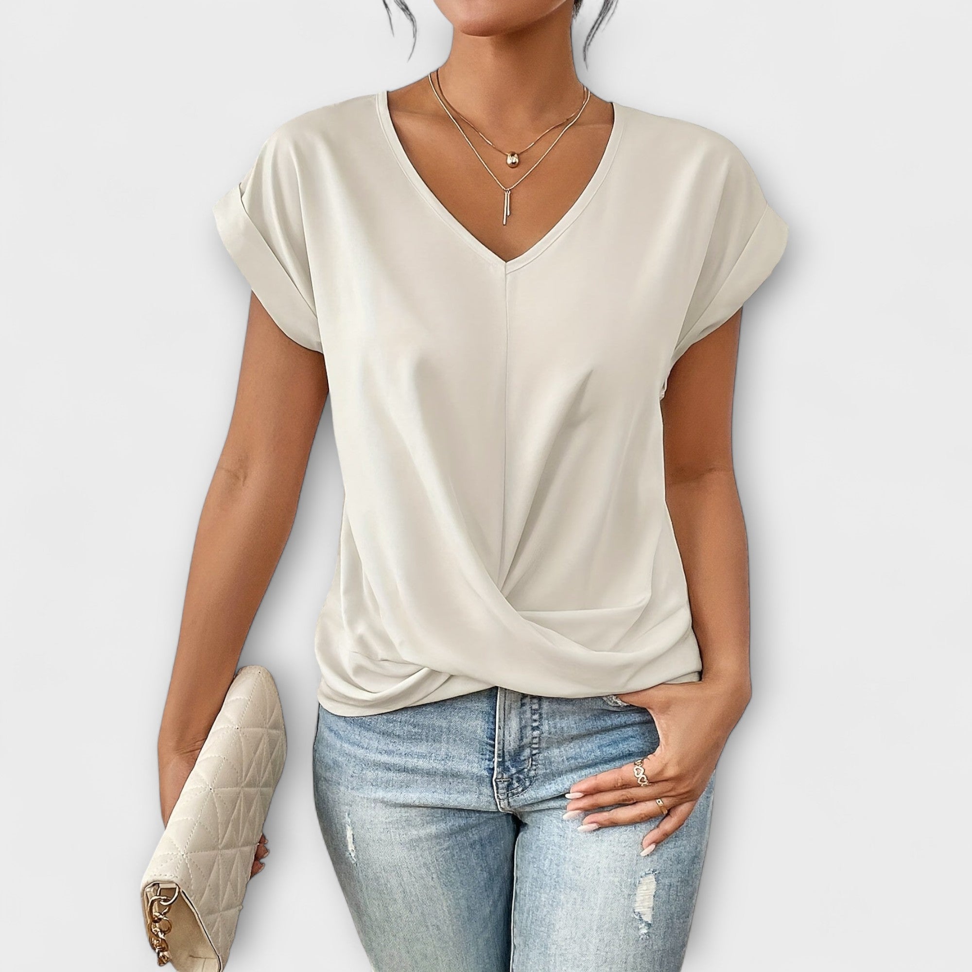 Women’s Lightweight V-Neck Top, Fluid Fit, Subtle Button Detail, Comfortable and Versatile