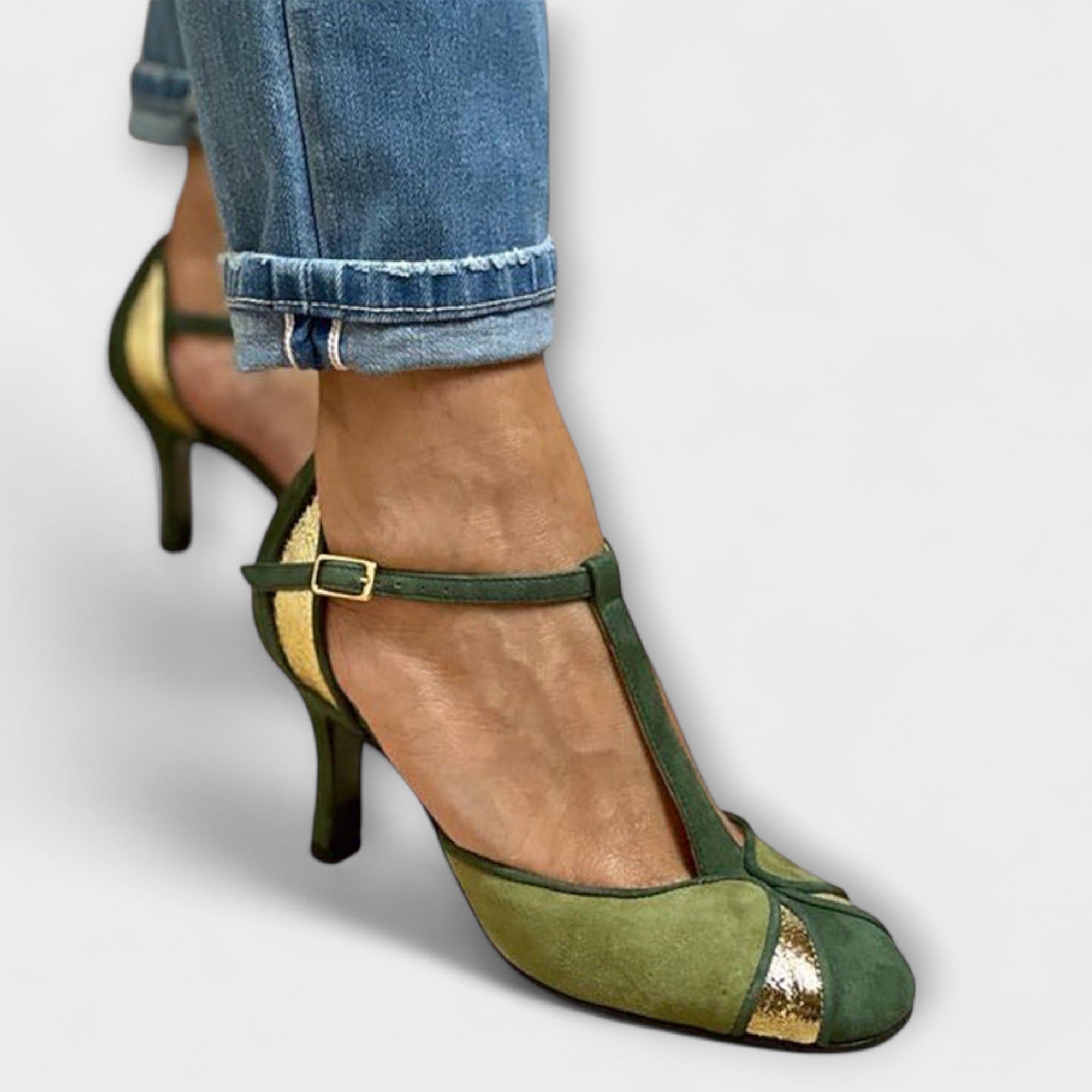Women’s Heels, Green, Patchwork Design, Comfortable Support, Versatile Style