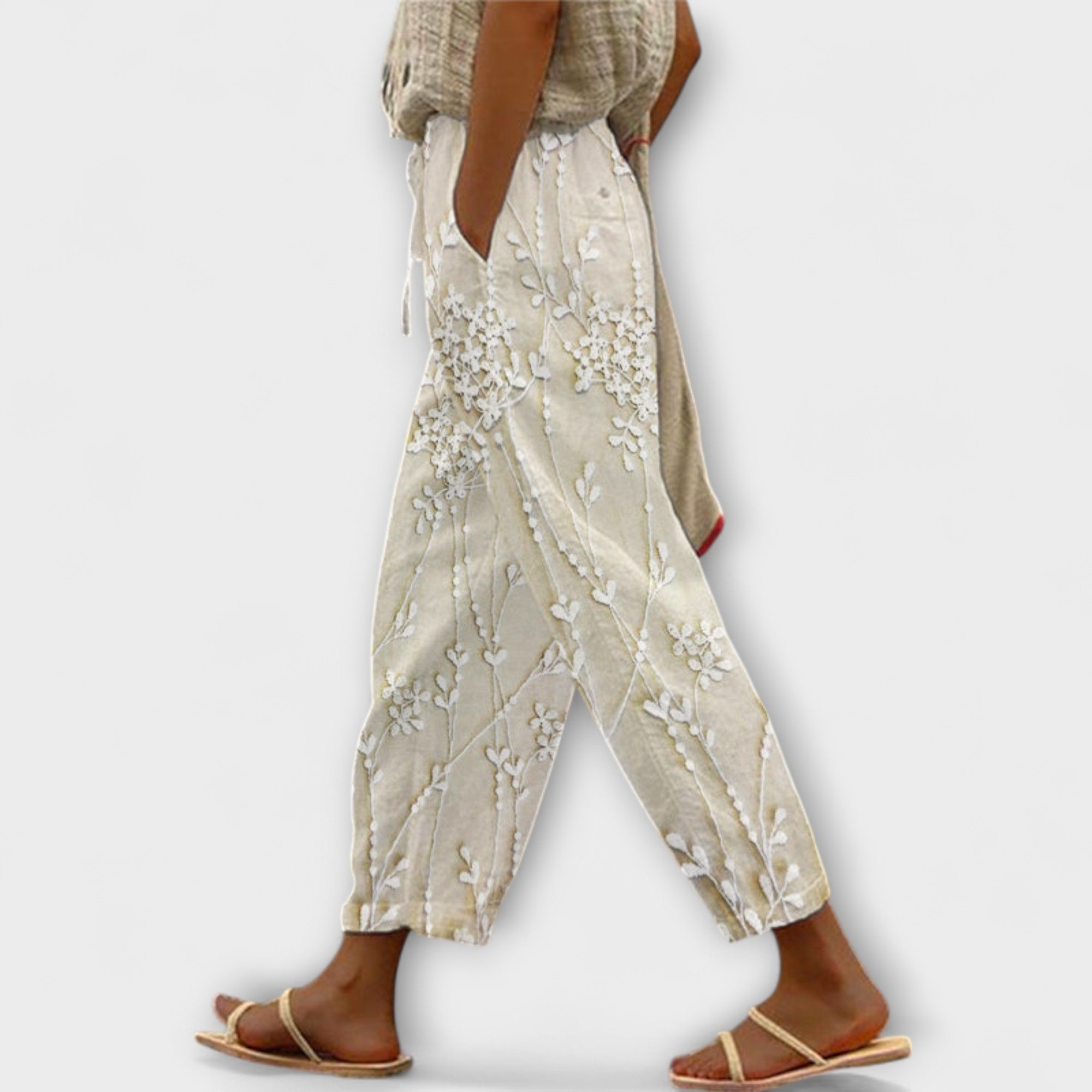 Women’s Cropped Dress, Lightweight, Sleeveless, Relaxed Tapered Fit, Organic Vine Leaf Motif, Elasticated Hem with Drawstring