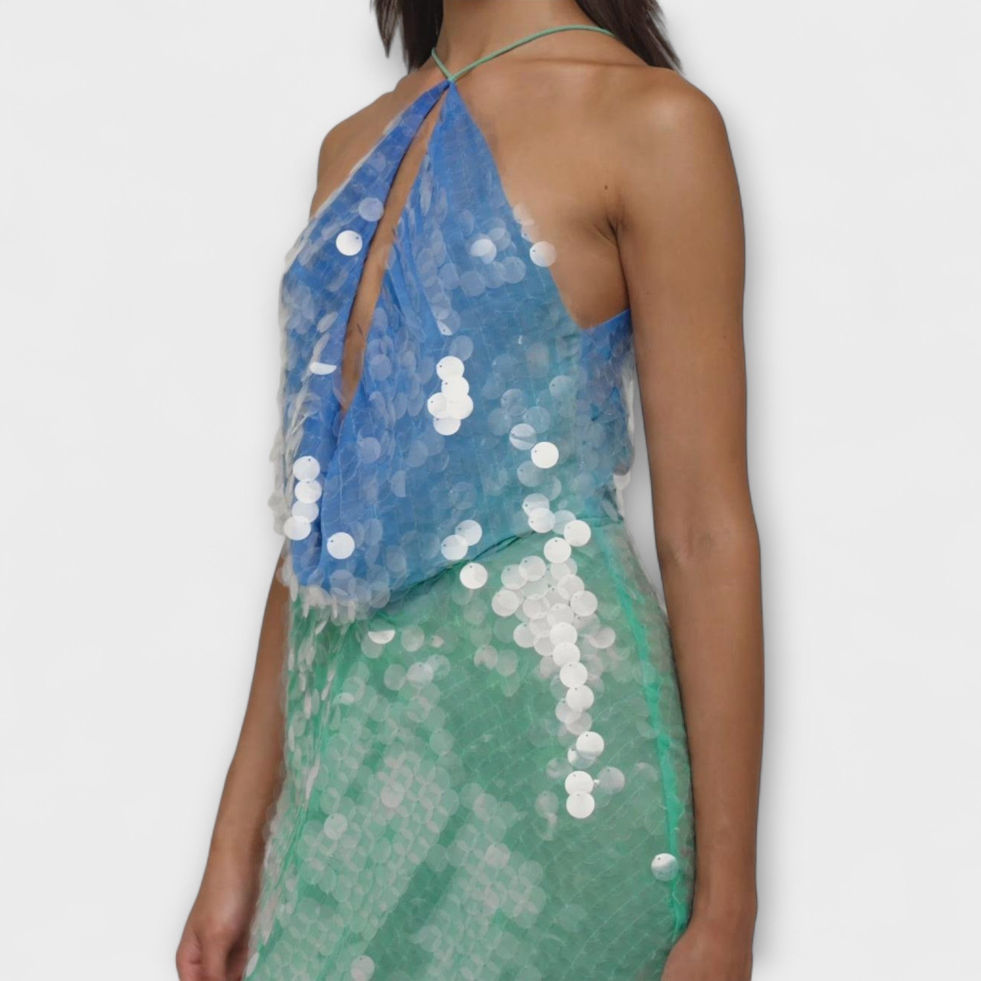 Women’s Mini Dress Sleeveless Fitted Deep V-Neck Gradient Shimmer Fabric Blue to Green