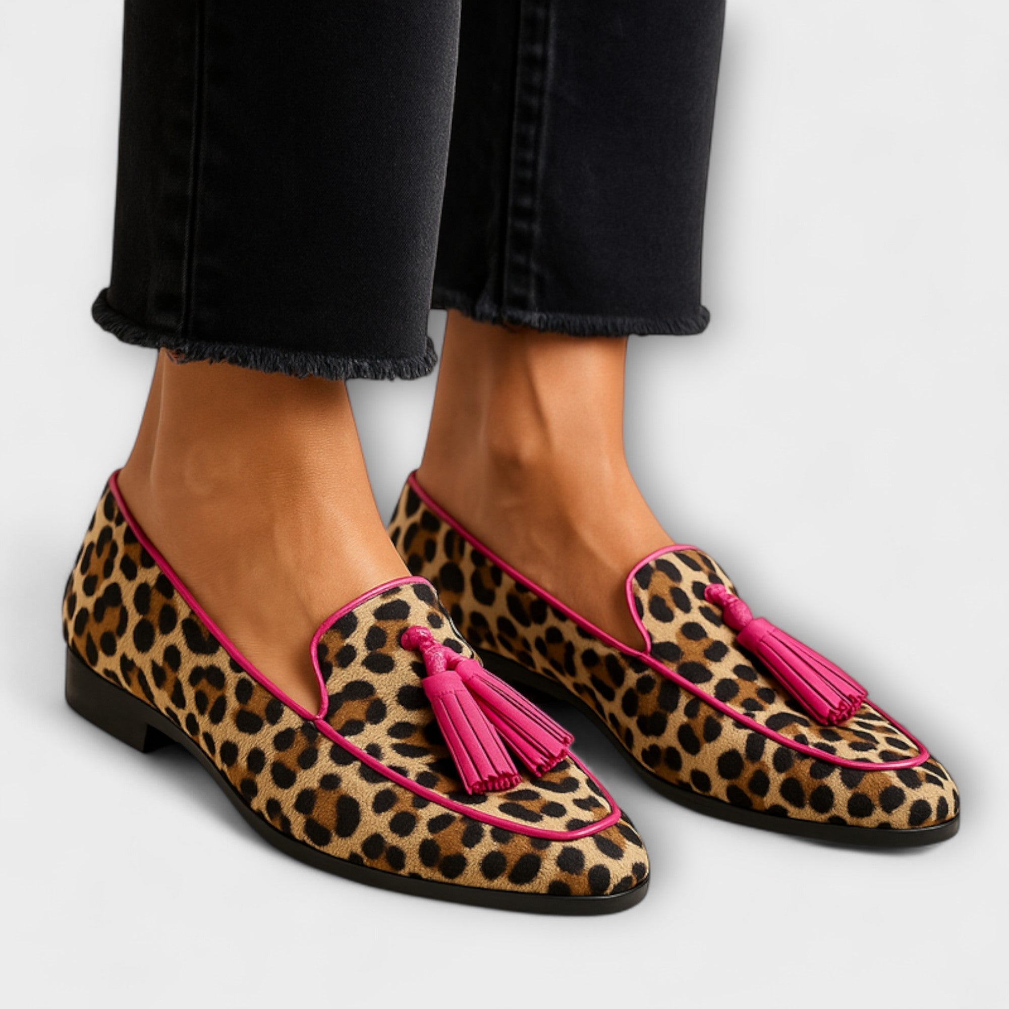 Women’s Animal Print Slip-On Slippers, Rounded Toe, Lightweight Flexible Material, Comfortable Fit, Fringe Detail