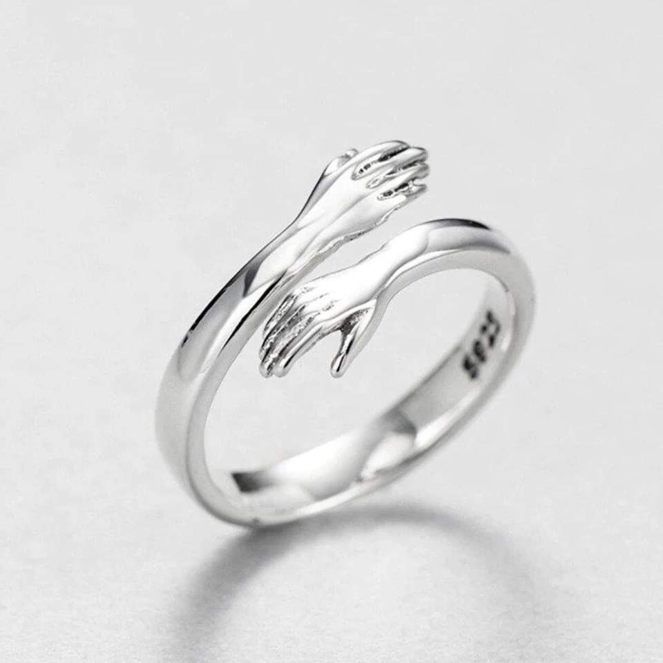 Women’s Adjustable Silver Ring, Zinc Alloy, Intertwined Hands Motif, Minimalist Design