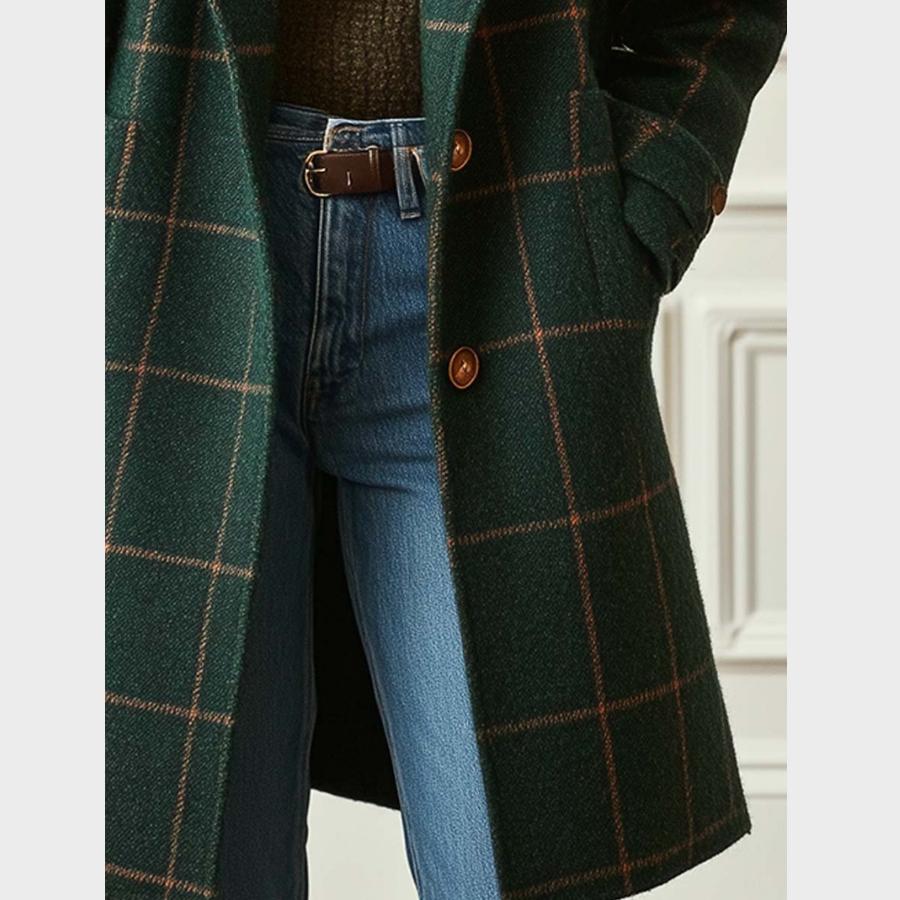 Women’s Knee-Length Wool Blend Dress, Checked Pattern, Long Sleeve, Notch Collar, Structured Fit