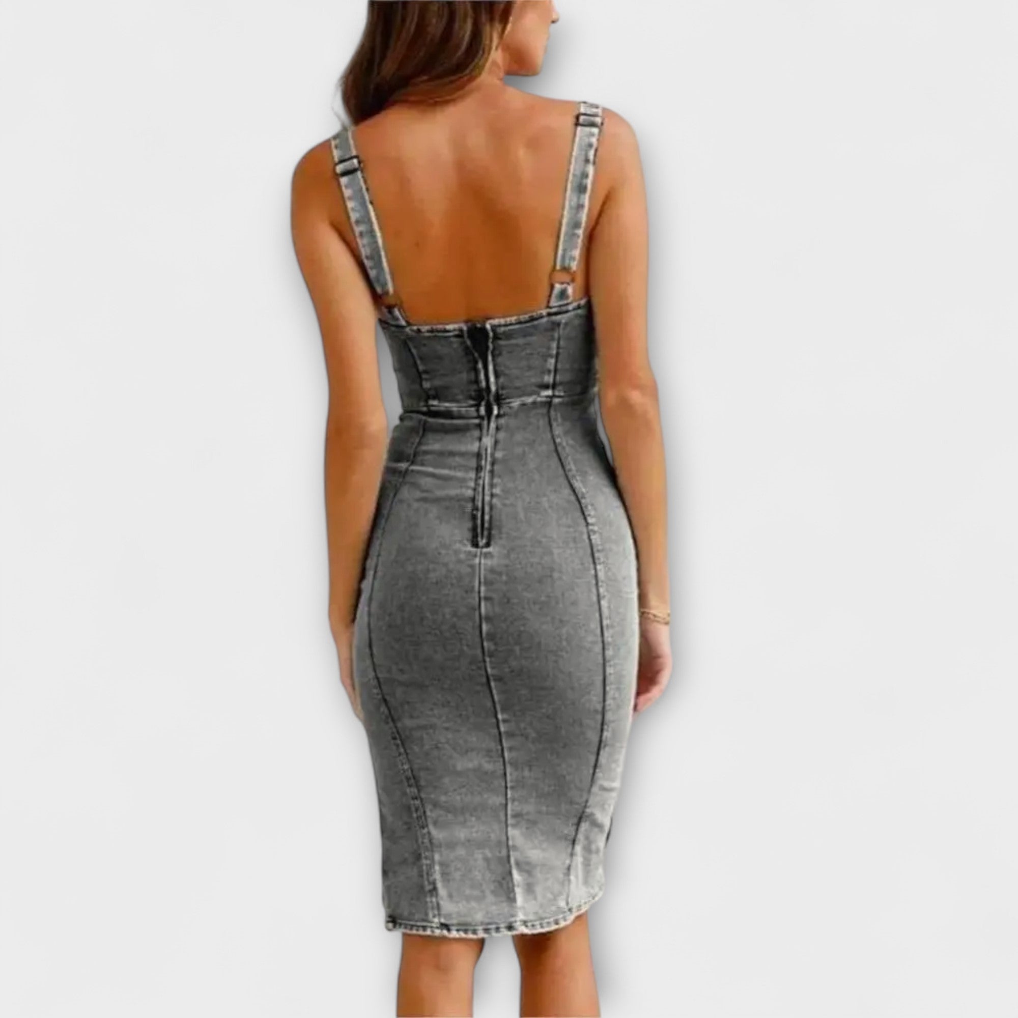 Women’s Denim Midi Dress, Sleeveless, Fitted, Deep U-Neckline, Adjustable Straps, Side Slit, Cotton Polyester Blend