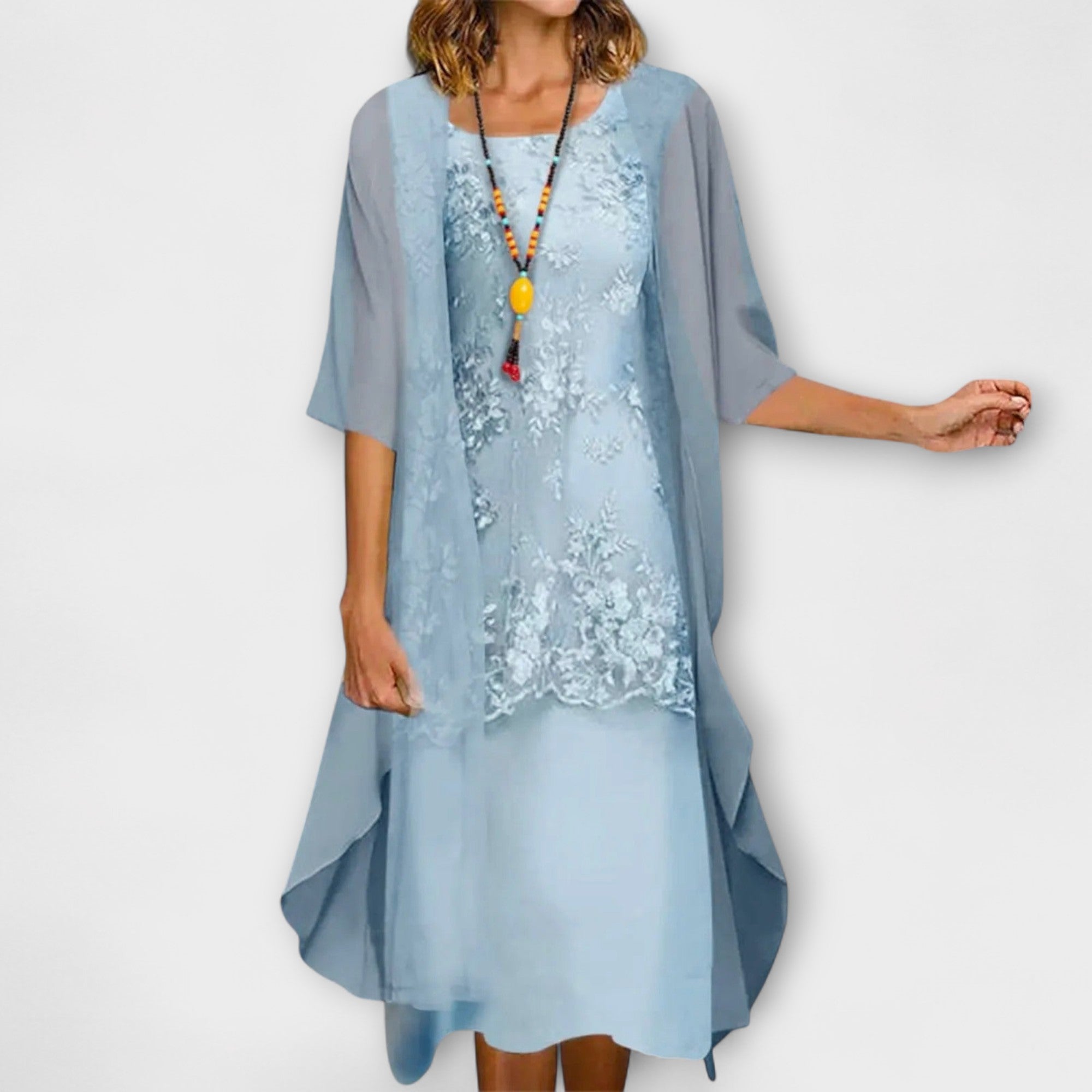 Women’s Knee-Length Dress, Chiffon Blend, Short Sleeve, Round Neckline, Figure-Enhancing Fit, Solid Color, Patchwork Accents