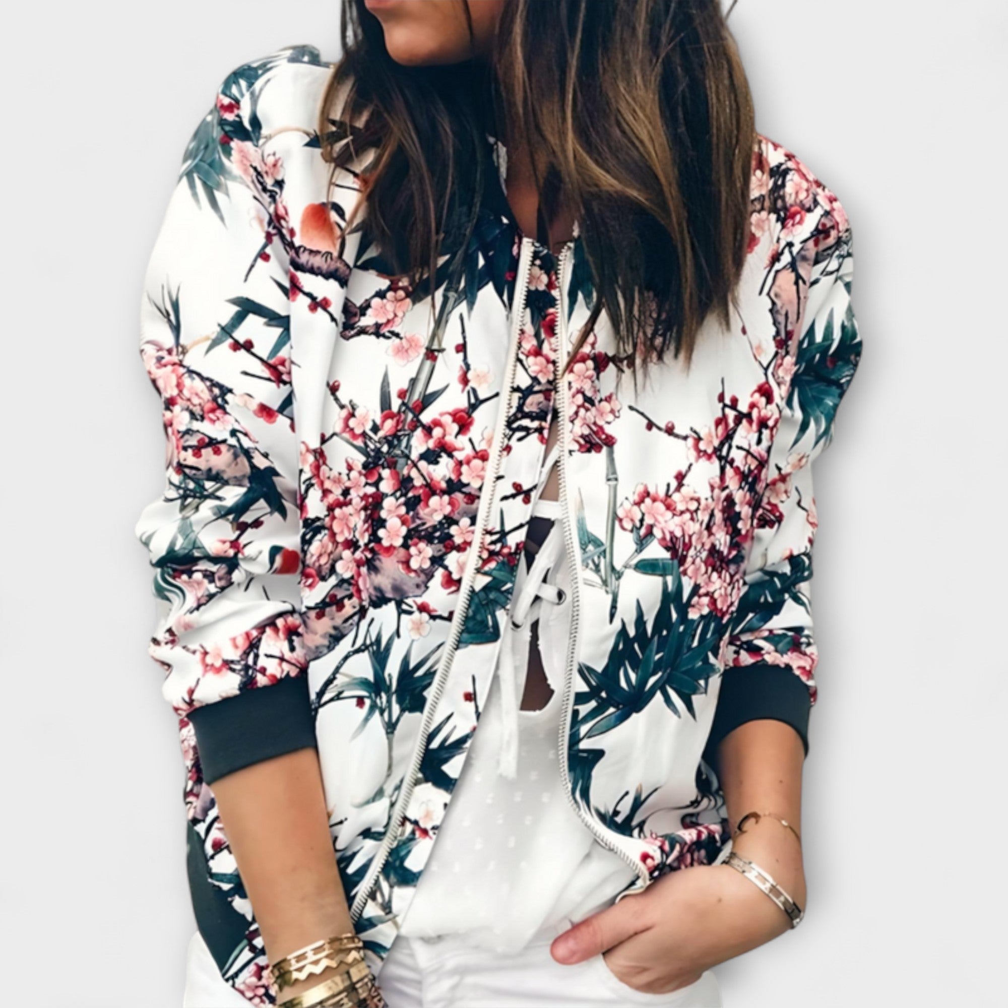 Women’s Floral Bomber Jacket, Lightweight Polyester, Relaxed Fit