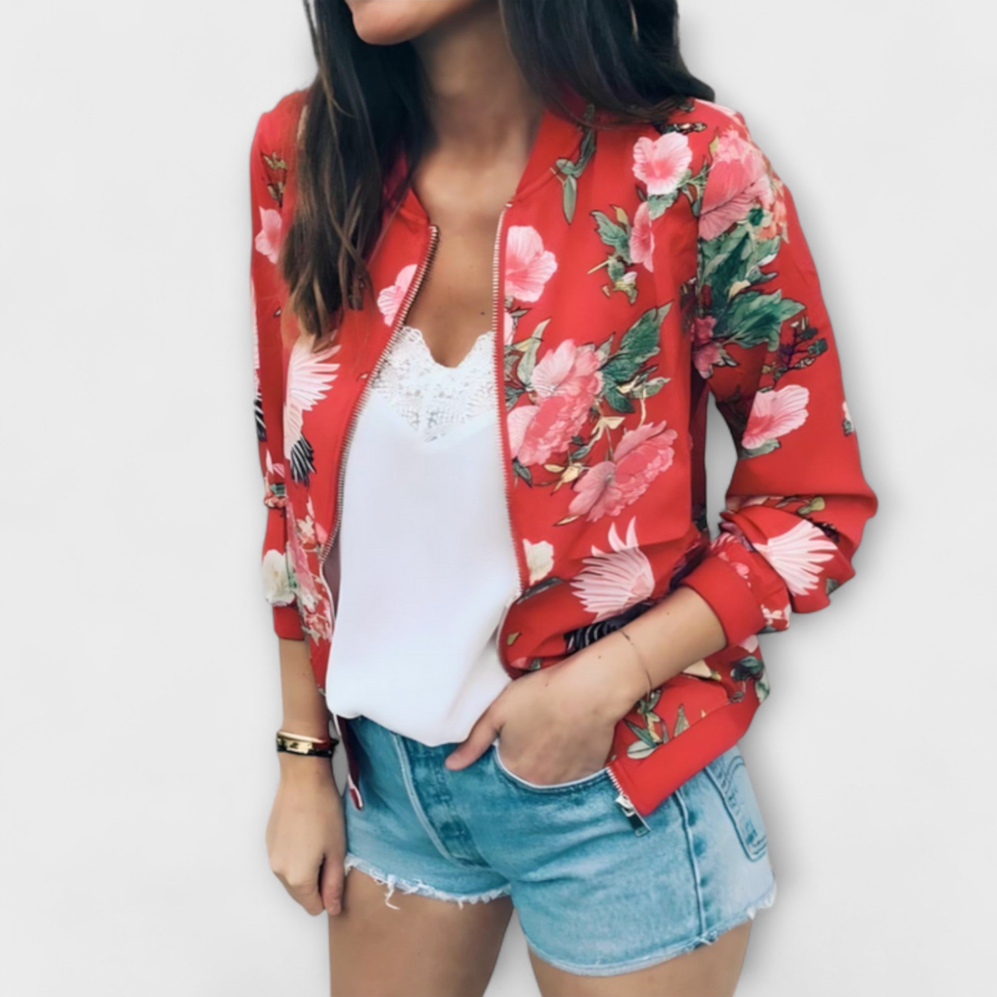Women’s Floral Bomber Jacket, Lightweight Polyester, Relaxed Fit