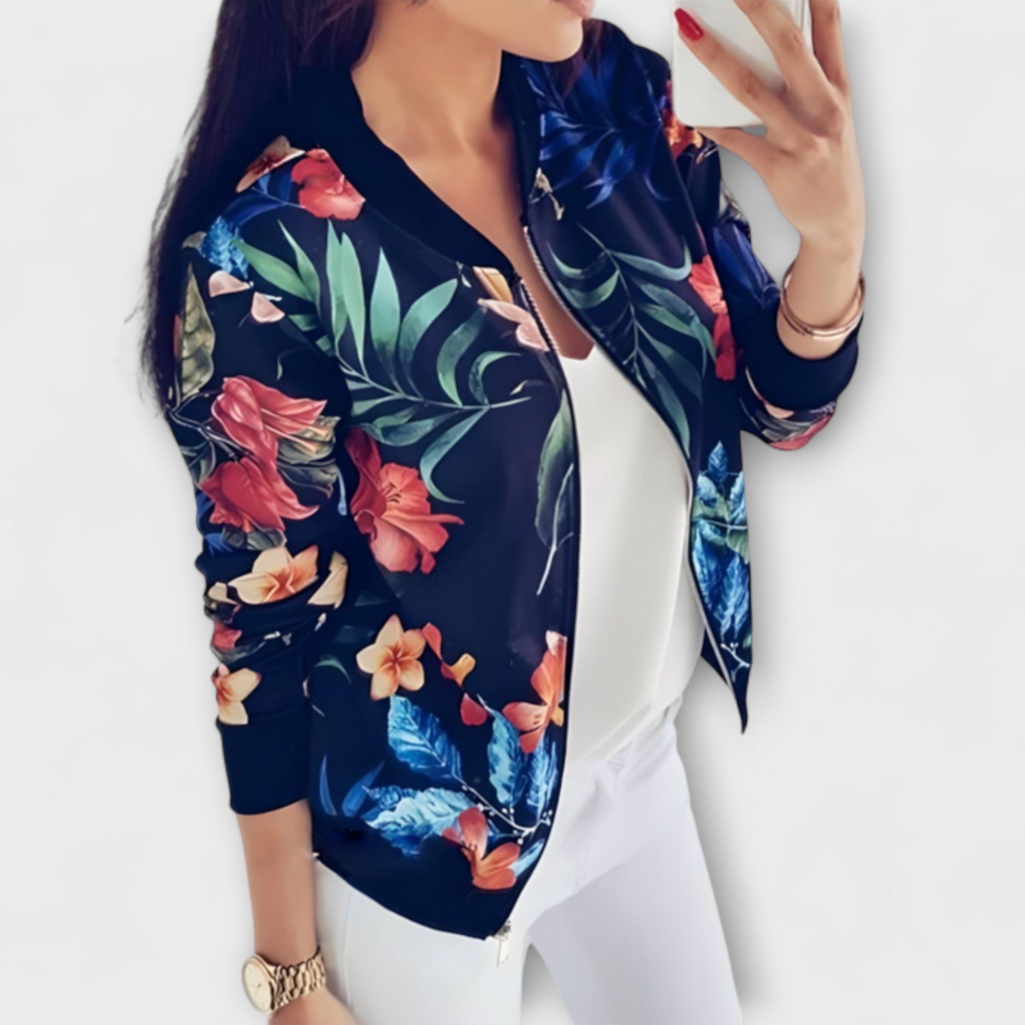 Women’s Floral Bomber Jacket, Lightweight Polyester, Relaxed Fit