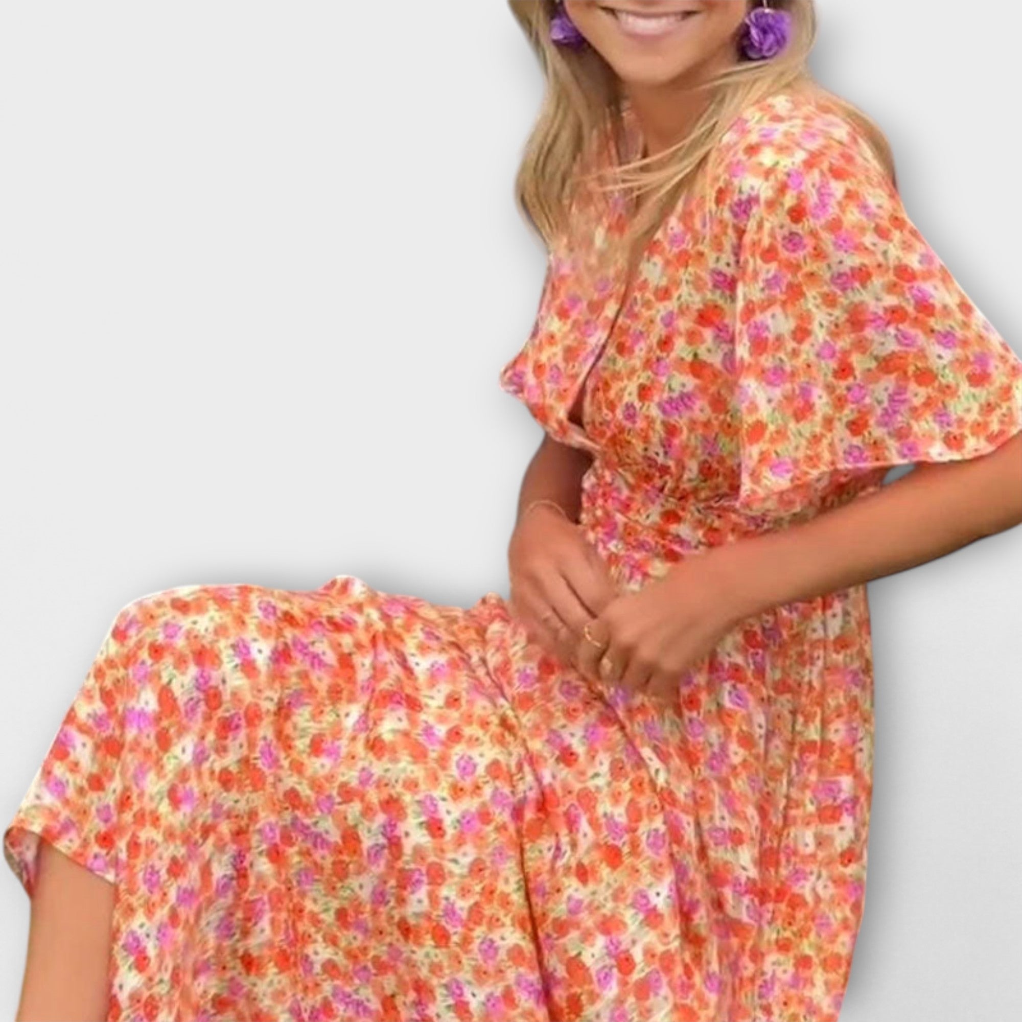 Women’s Floral Short Dress, V-Neck, Short Sleeve, Regular Fit, Breathable Fabric