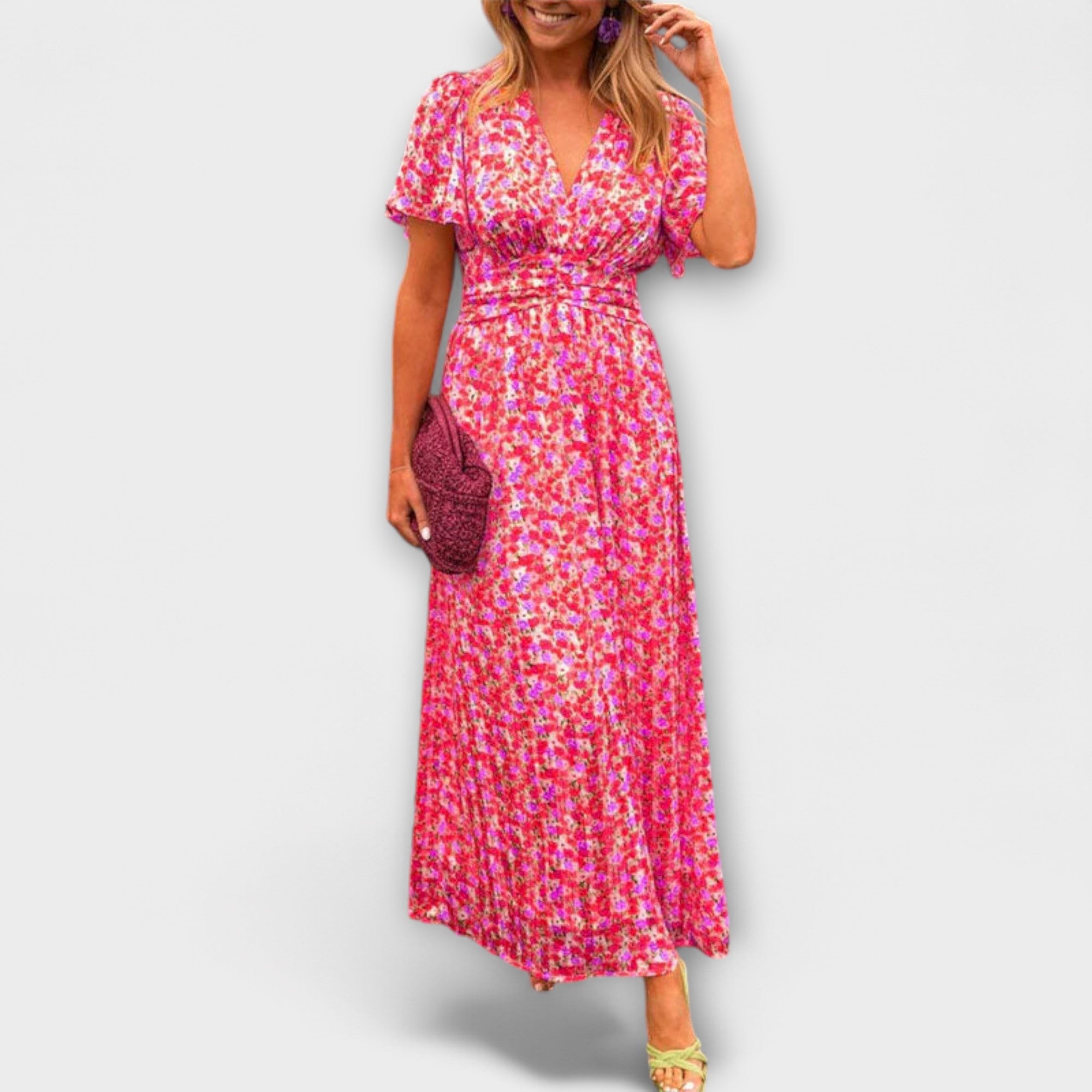 Women’s Floral Short Dress, V-Neck, Short Sleeve, Regular Fit, Breathable Fabric